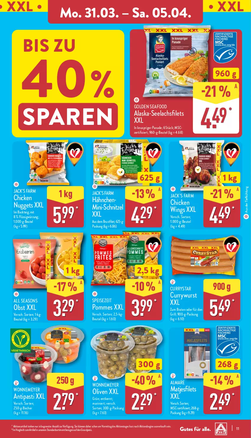 Aktueller Prospekt Aldi Nord - Von Montag - von 31.03 bis 05.04.2025 - strona 11 - produkty: almare, antipasti, asti, aus der tiefkühlung, Becher, beutel, braten, brustfilet, chicken nuggets, chicken wings, curry, currywurst, eis, filet, filets, gin, grill, lachs, lachsfilet, lachsfilets, matjes, Matjesfilet, matjesfilets, nuggets, obst, olive, oliven, pommes, reis, schnitzel, seelachsfilet, Ti, wurst, ZTE