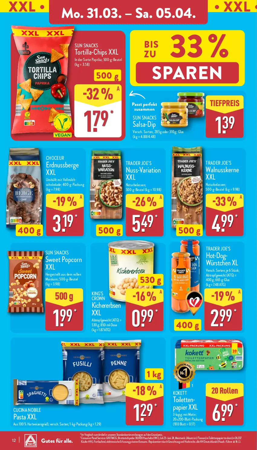 Aktueller Prospekt Aldi Nord - Von Montag - von 31.03 bis 05.04.2025 - strona 12 - produkty: beutel, brut, chips, cin, dip, eis, Elektro, erbsen, erdnuss, hartweizen, HP, kichererbsen, korn, Laufen, mais, milch, natur, nuss, papier, paprika, pasta, popcorn, reis, Ria, Salsa, schoko, schokolade, snack, snacks, Sun Snacks, Ti, tiefpreis, toilettenpapier, tortilla, vollmilch, walnuss, walnusskerne, würstchen