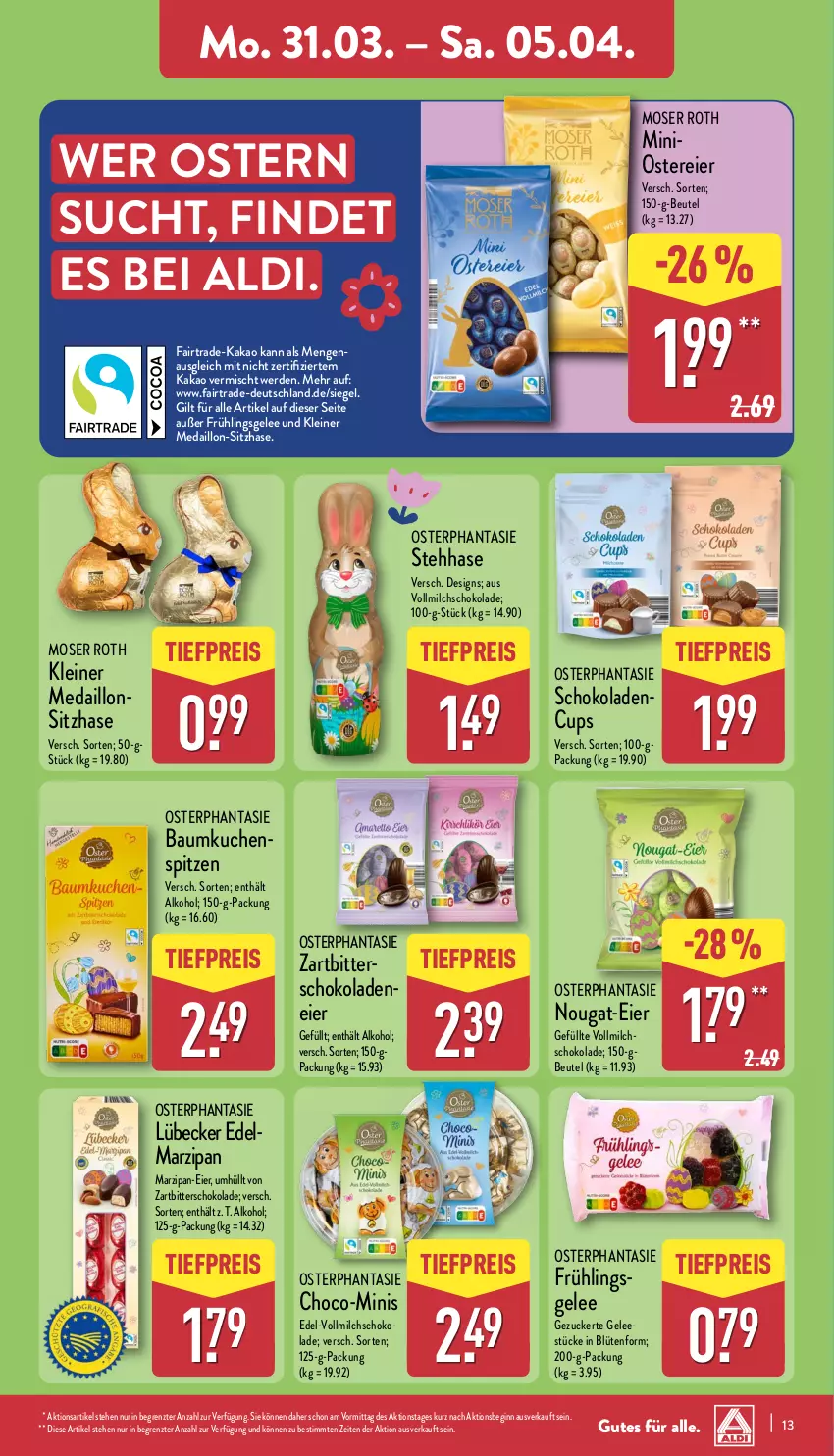 Aktueller Prospekt Aldi Nord - Von Montag - von 31.03 bis 05.04.2025 - strona 13 - produkty: aldi, alkohol, Bau, beutel, Blüte, eier, eis, erde, gelee, gin, kakao, kuchen, leine, Lübecker, marzipan, milch, moser, Moser Roth, reis, schoko, schokolade, schokoladen, Ti, tiefpreis, vollmilch, Zartbitterschokolade, ZTE, zucker