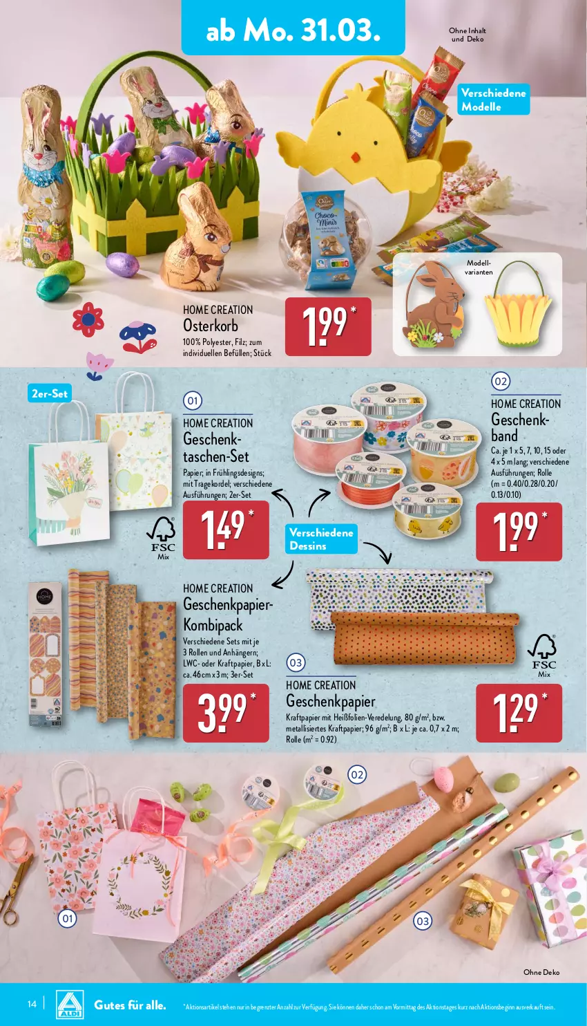 Aktueller Prospekt Aldi Nord - Von Montag - von 31.03 bis 05.04.2025 - strona 14 - produkty: Anhänger, dell, elle, Geschenkpapier, gin, korb, kraft, Mode, papier, Ria, Tasche, taschen, Ti, ZTE