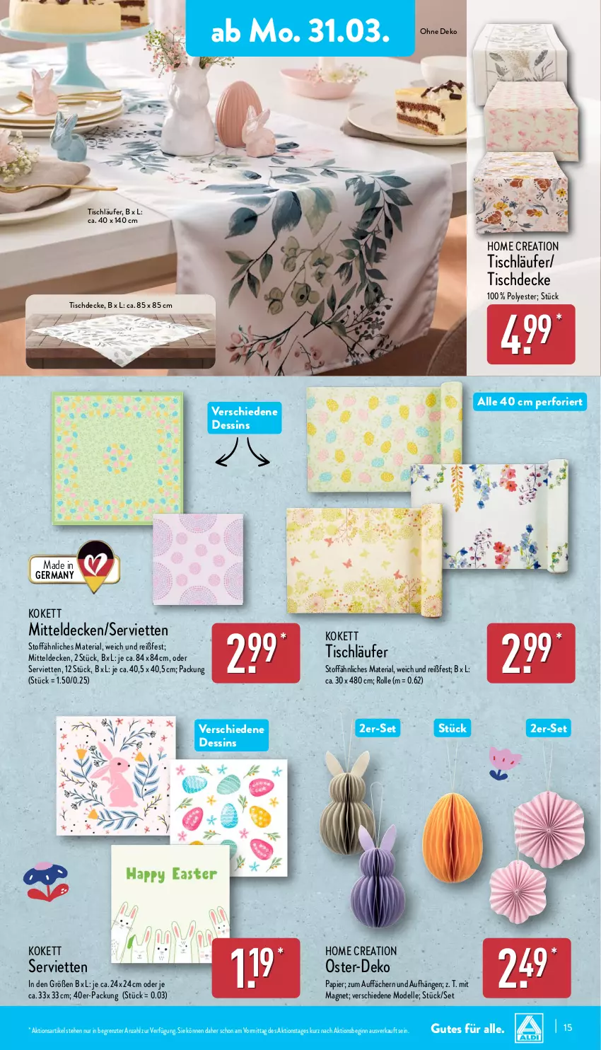 Aktueller Prospekt Aldi Nord - Von Montag - von 31.03 bis 05.04.2025 - strona 15 - produkty: decke, dell, elle, Germ, gin, Läufer, mitteldecke, Mode, papier, Ria, Serviette, servietten, Ti, tisch, tischdecke, tischläufer, ZTE