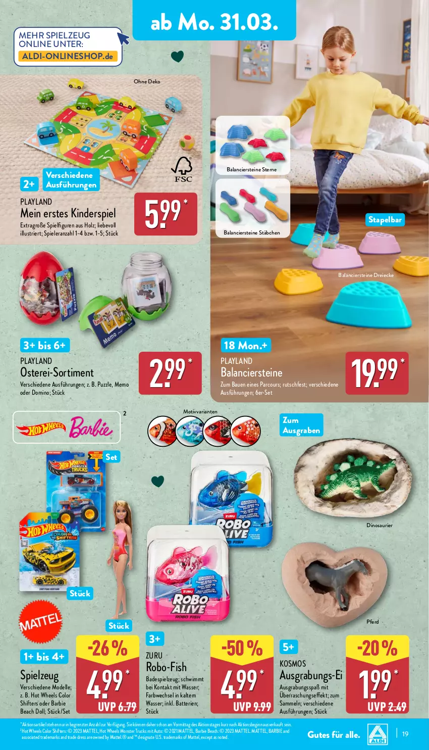 Aktueller Prospekt Aldi Nord - Von Montag - von 31.03 bis 05.04.2025 - strona 19 - produkty: aldi, auto, Bad, Barbie, batterie, batterien, Bau, dell, elle, gin, Holz, Hot Wheels, Kinder, Kinderspiel, Mattel, Mode, monster, Monster Truck, Puzzle, Ria, Spiele, spielzeug, Ti, wasser, ZTE