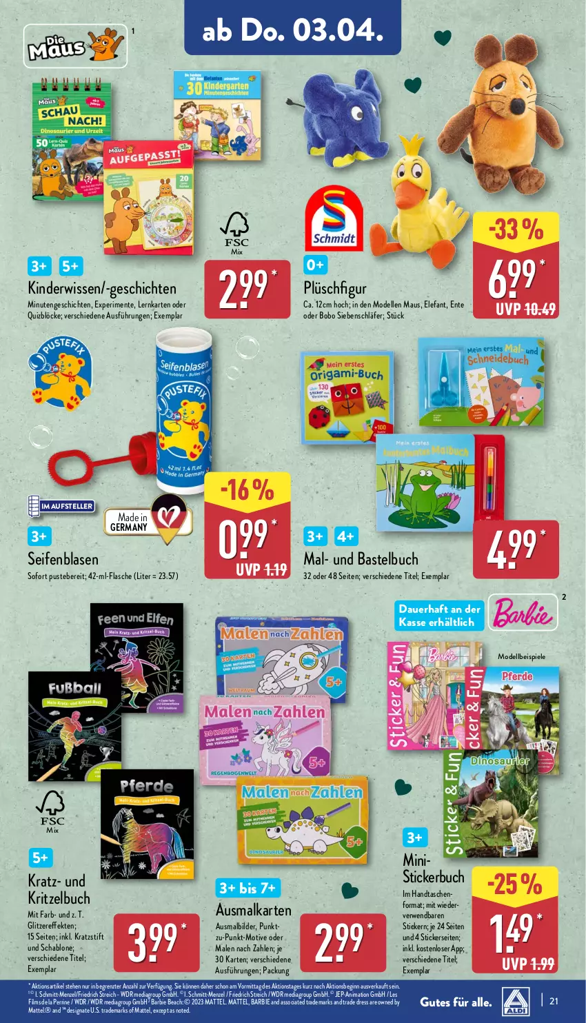 Aktueller Prospekt Aldi Nord - Von Montag - von 31.03 bis 05.04.2025 - strona 21 - produkty: auer, Barbie, buch, dell, eis, Elefant, elle, ente, flasche, Germ, gin, Handtasche, Kinder, Mattel, Maus, Mode, Plüsch, rwe, Seife, Spiele, Stickerbuch, Tasche, taschen, teller, Ti, ZTE