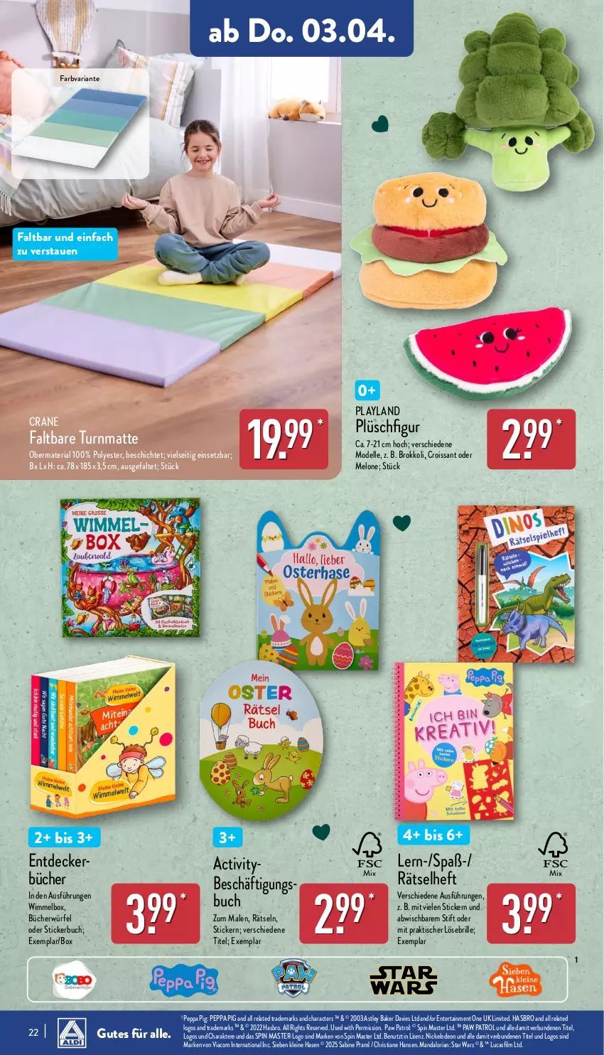 Aktueller Prospekt Aldi Nord - Von Montag - von 31.03 bis 05.04.2025 - strona 22 - produkty: Brille, brokkoli, buch, Croissant, decke, dell, deo, elle, ente, Hasbro, leine, melone, Mode, Paw Patrol, Peppa Pig, Plüsch, rel, Ria, Stickerbuch, Ti, tisch, würfel