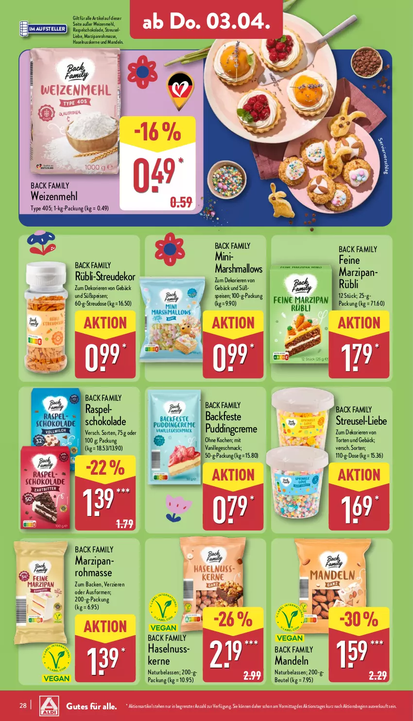 Aktueller Prospekt Aldi Nord - Von Montag - von 31.03 bis 05.04.2025 - strona 32 - produkty: beutel, creme, eis, elle, gin, haselnuss, mac, mandel, mandeln, mars, marzipan, mehl, natur, nuss, pudding, schoko, schokolade, teller, Ti, torte, type 405, vanille, weizenmehl, ZTE