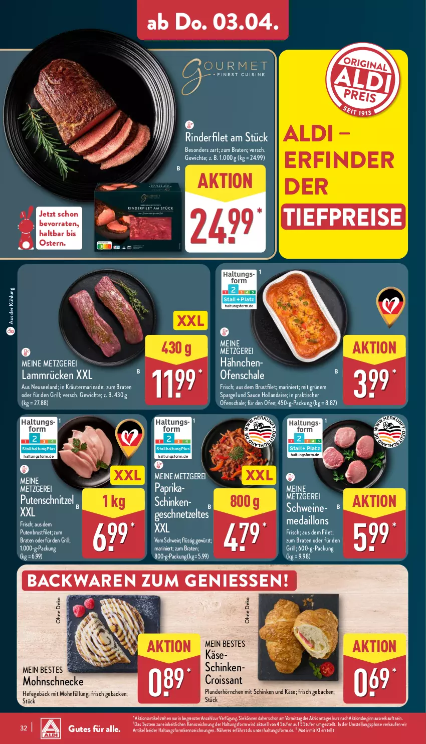 Aktueller Prospekt Aldi Nord - Von Montag - von 31.03 bis 05.04.2025 - strona 36 - produkty: aldi, backwaren, braten, brustfilet, Croissant, eis, Elan, filet, geback, geschnetzeltes, gewürz, gin, grill, Hefe, hollandaise, hörnchen, Käse, kräuter, lamm, Lammrücken, marinade, medaillons, Ofen, paprika, Plunder, pute, putenbrust, putenbrustfilet, putenschnitzel, reis, rind, rinder, rinderfilet, sauce, sauce hollandaise, Schal, Schale, schinken, schnitzel, schwein, schweine, spargel, Ti, tiefpreis, tisch, wein, weine, Zelt, ZTE