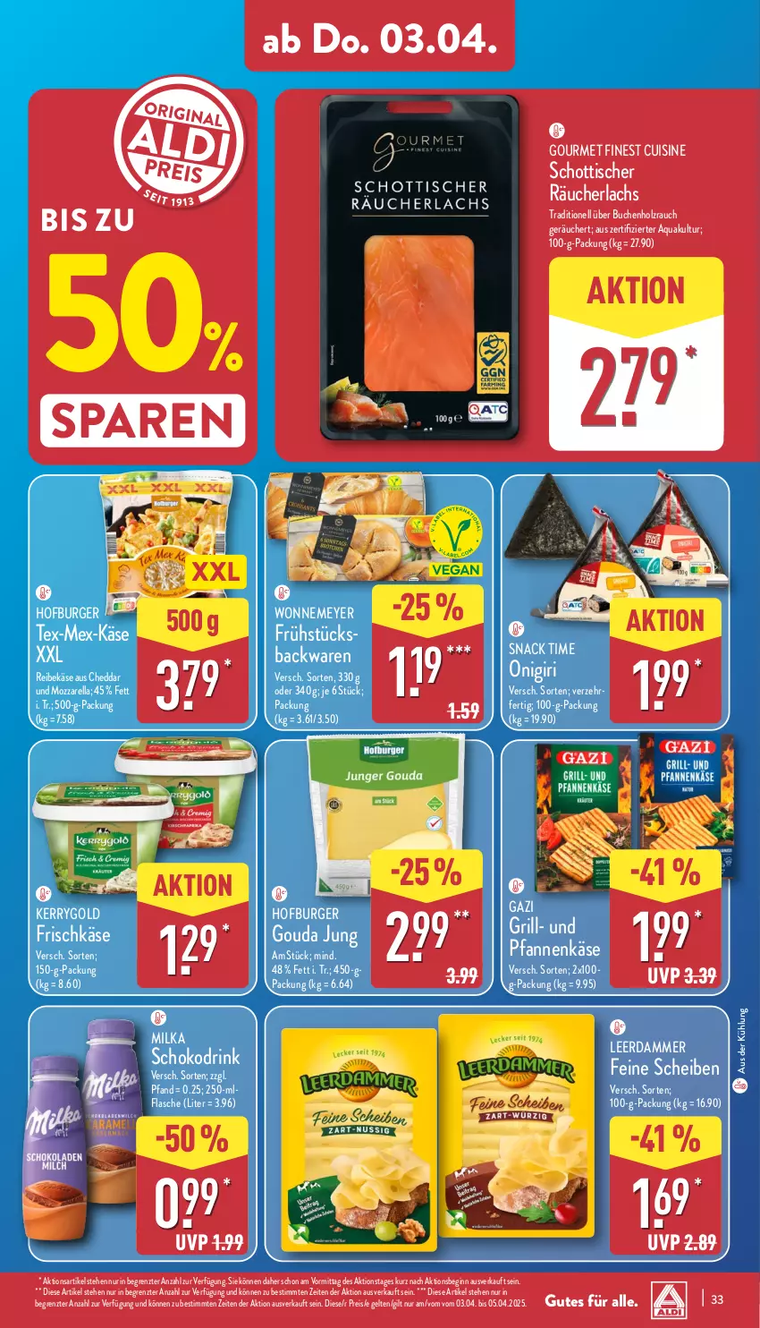 Aktueller Prospekt Aldi Nord - Von Montag - von 31.03 bis 05.04.2025 - strona 37 - produkty: aqua, backwaren, buch, burger, cheddar, drink, eis, flasche, frischkäse, gin, gouda, gouda jung, grill, Holz, Käse, kerrygold, lachs, leerdammer, milka, mozzarella, pfanne, pfannen, pfannenkäse, Rauch, Räucherlachs, Reibekäse, reis, rel, schoko, schott, snack, snack time, Ti, tisch, und pfanne, ZTE