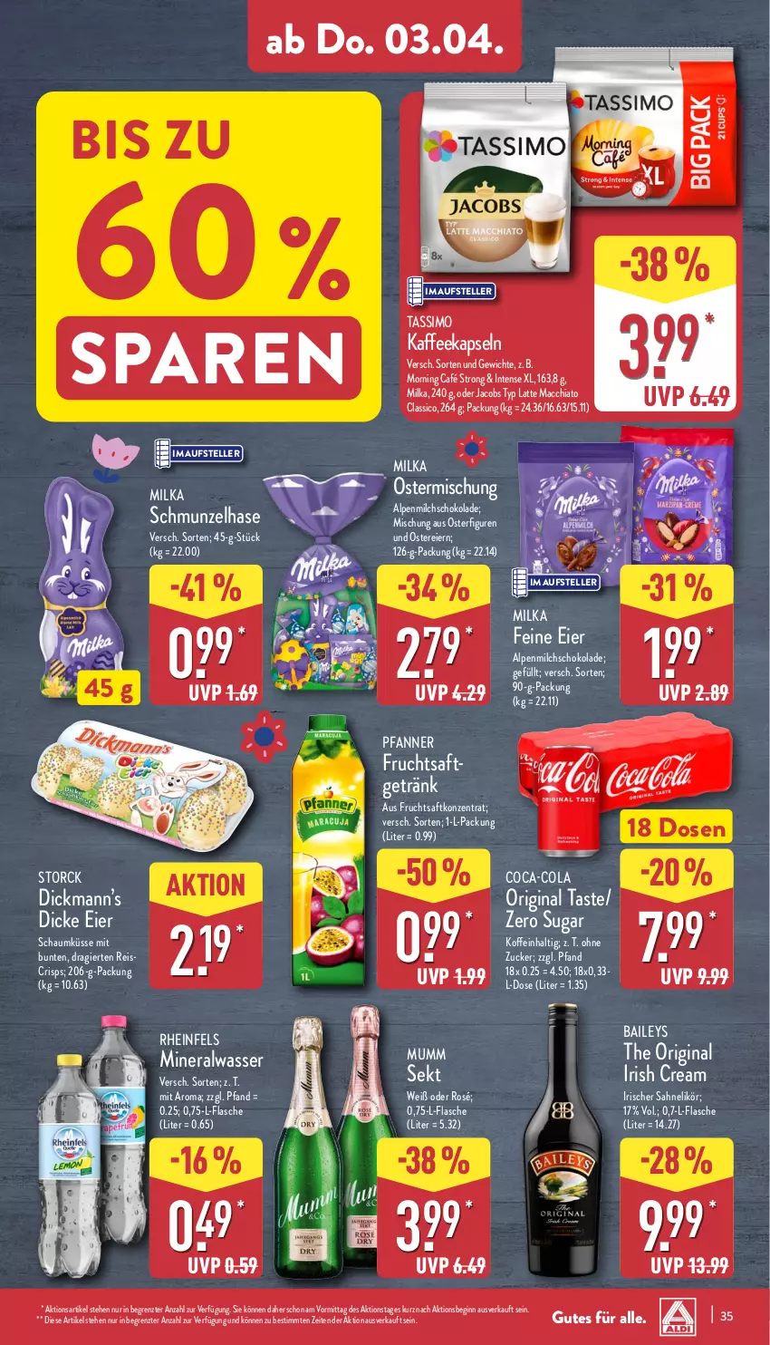 Aktueller Prospekt Aldi Nord - Von Montag - von 31.03 bis 05.04.2025 - strona 39 - produkty: ACC, alpenmilch, Alwa, baileys, chia, classico, coca-cola, cola, eier, eis, elle, flasche, frucht, fruchtsaft, getränk, gin, irish cream, jacobs, kaffee, kaffeekapseln, latte, latte macchiato, likör, mac, macchiato, milch, milka, mineralwasser, mumm, oder jacobs, pfanne, Pfanner, reis, saft, sahne, schoko, schokolade, sekt, sim, storck, tassimo, teller, Ti, wasser, ZTE, zucker