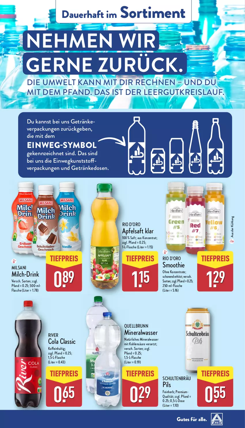 Aktueller Prospekt Aldi Nord - Von Montag - von 31.03 bis 05.04.2025 - strona 48 - produkty: Alwa, apfel, apfelsaft, auer, cola, drink, eis, flasche, getränk, getränke, milch, mineralwasser, natürliches mineralwasser, pils, Quellbrunn, reis, saft, smoothie, Ti, tiefpreis, wasser