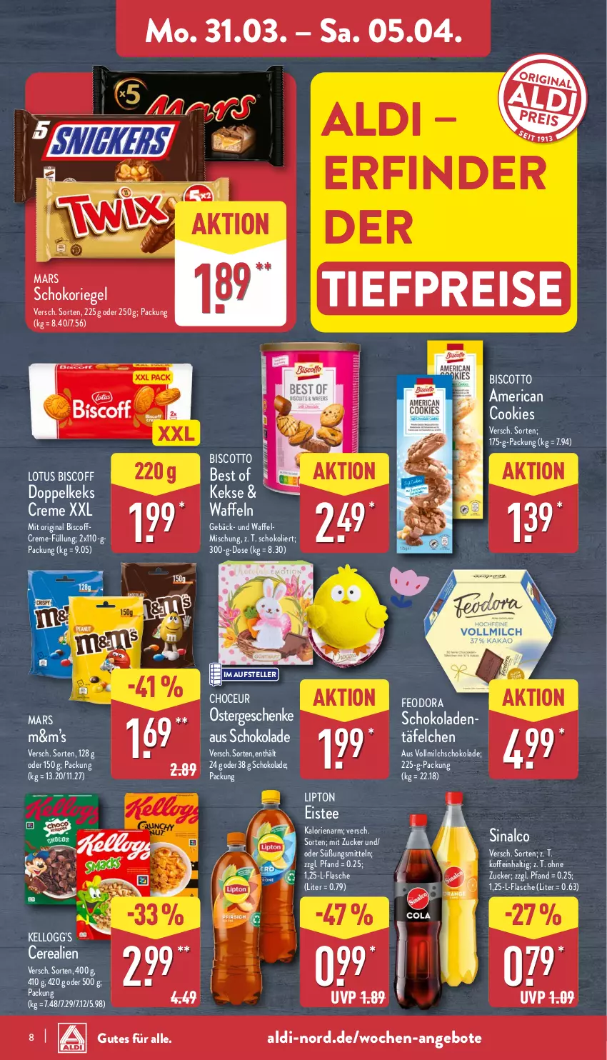 Aktueller Prospekt Aldi Nord - Von Montag - von 31.03 bis 05.04.2025 - strona 8 - produkty: aldi, angebot, angebote, biscoff, biscotto, cerealien, cookie, cookies, creme, eis, eistee, elle, flasche, gin, keks, kekse, lipton, mars, milch, reis, riegel, schoko, schokolade, schokoladen, schokoriegel, sinalco, tee, teller, Ti, tiefpreis, vollmilch, waffeln, zucker