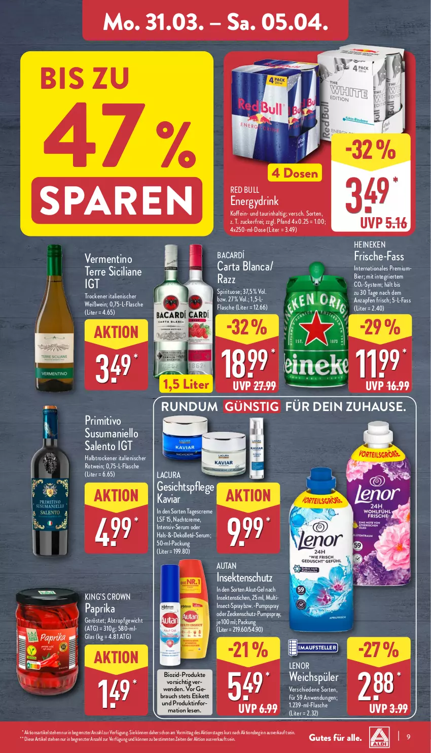 Aktueller Prospekt Aldi Nord - Von Montag - von 31.03 bis 05.04.2025 - strona 9 - produkty: Autan, bier, bio, creme, drink, elle, flasche, gesichtspflege, gin, heineken, insektenschutz, lenor, lenor weichspüler, nachtcreme, paprika, primitivo, Rauch, red bull, rotwein, rum, rwe, sekt, Serum, tagescreme, teller, Ti, weichspüler, wein, Weißwein, ZTE, zucker