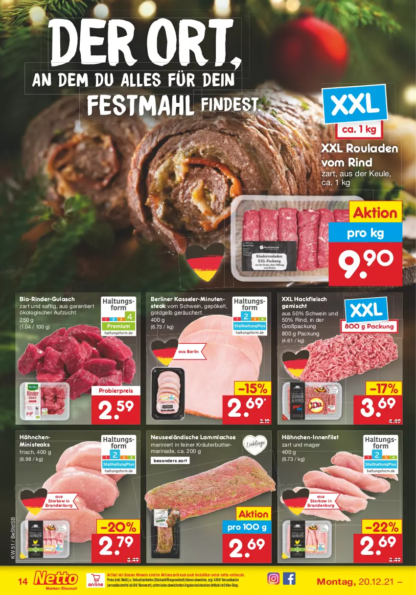 Aktueller Prospekt Netto Marken-Discount - Filial Angebote - von 20.12 bis 24.12.2021 - strona 14 - produkty: berliner, bier, bio, butter, eis, filet, fleisch, gulasch, hackfleisch, hackfleisch gemischt, kasseler, kräuter, kräuterbutter, lachs, lamm, lammlachse, marinade, ndk, reis, rind, rinder, rouladen, saft, schwein, steak, steaks, Ti, versandkostenfrei, wein