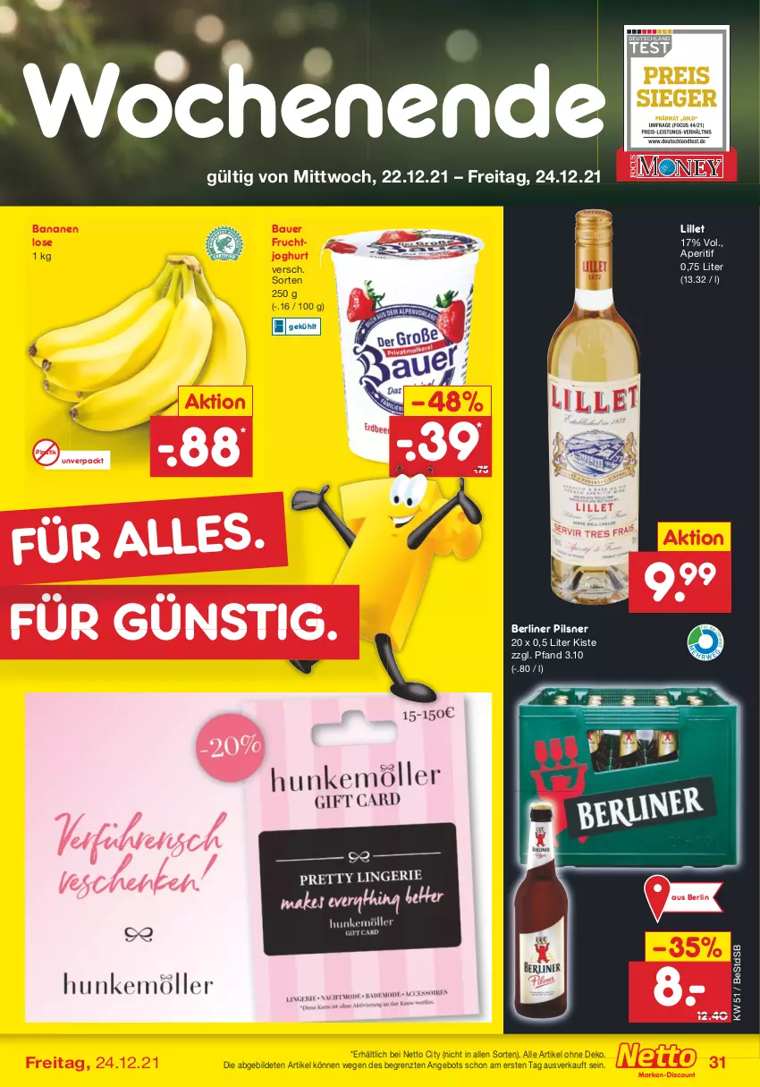 Aktueller Prospekt Netto Marken-Discount - Filial Angebote - von 20.12 bis 24.12.2021 - strona 30 - produkty: angebot, aperitif, asti, auer, banane, bananen, Bau, Bauer, berliner, frucht, fruchtjoghurt, joghur, joghurt, lillet, pils, pilsner, Ti, ZTE