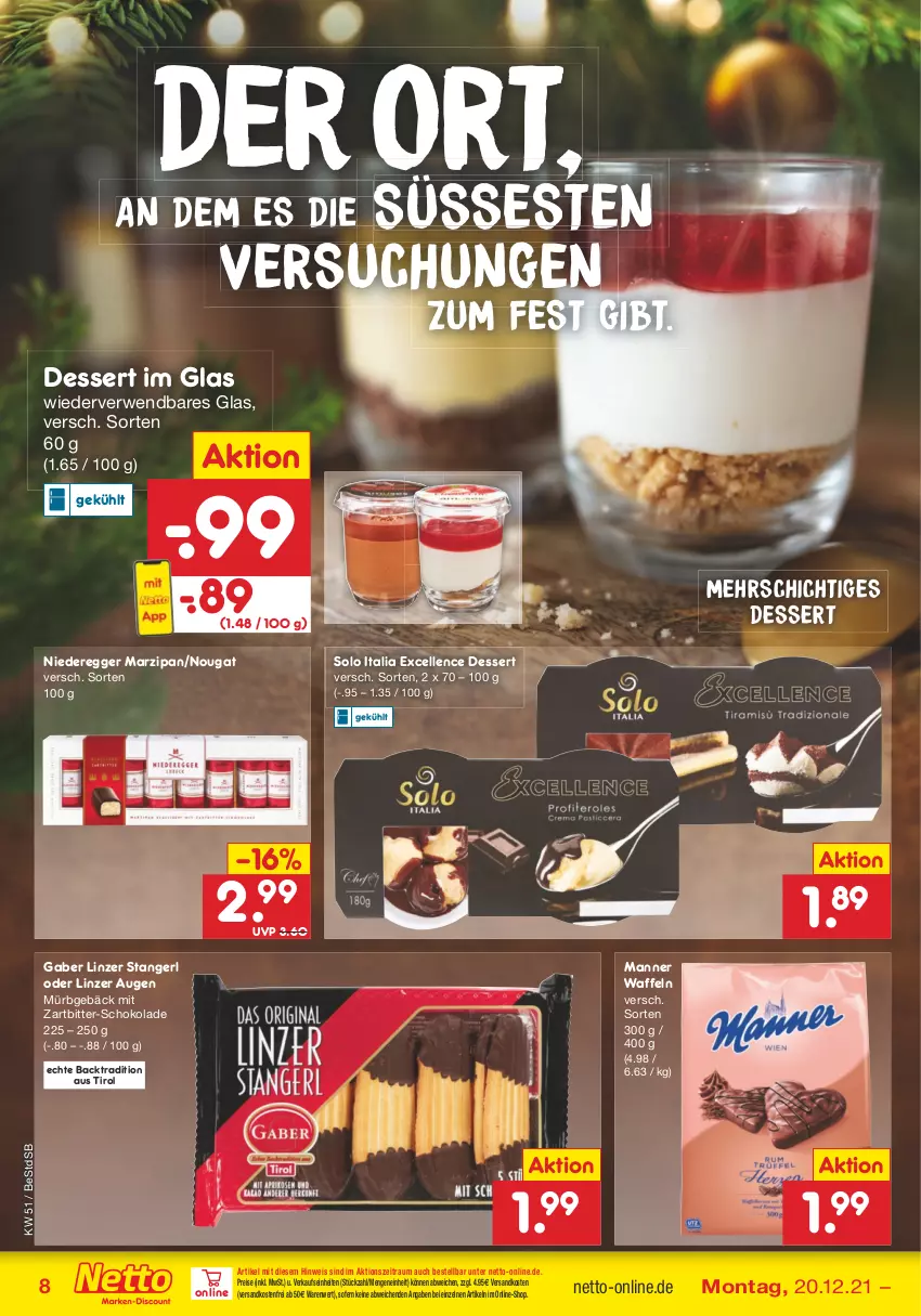 Aktueller Prospekt Netto Marken-Discount - Filial Angebote - von 20.12 bis 24.12.2021 - strona 8 - produkty: dessert, Egger, eis, elle, Linzer Augen, Manner, marzipan, ndk, reis, rwe, schoko, schokolade, Ti, versandkostenfrei, waffeln