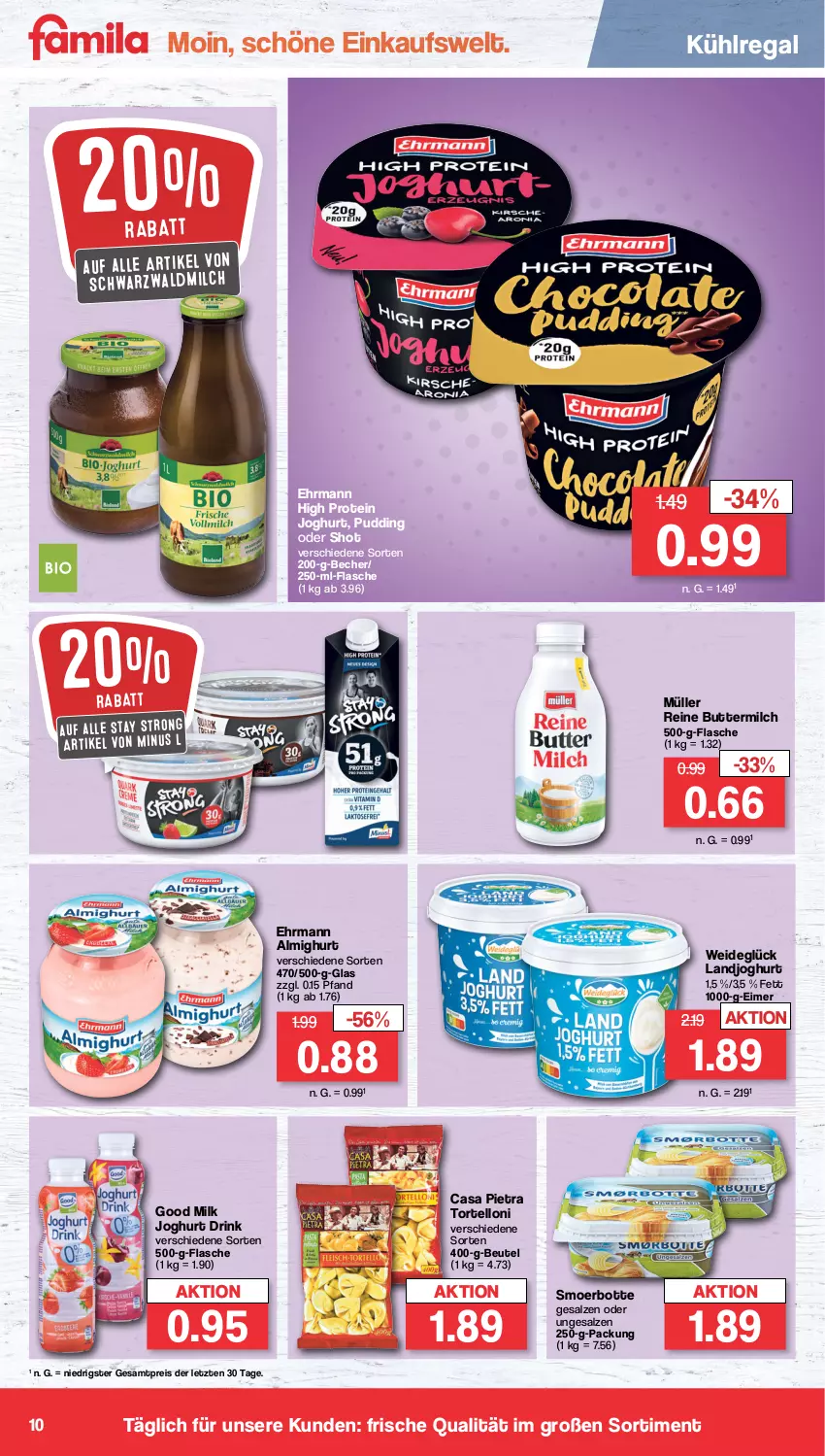 Aktueller Prospekt Famila - Prospekte - von 02.01 bis 07.01.2023 - strona 10 - produkty: almighur, almighurt, Becher, beutel, butter, buttermilch, drink, ehrmann, ehrmann almighurt, eimer, eis, flasche, joghur, joghurt, kühlregal, landjoghurt, milch, Müller, pudding, regal, reine buttermilch, reis, salz, Ti, torte, tortelloni, ZTE