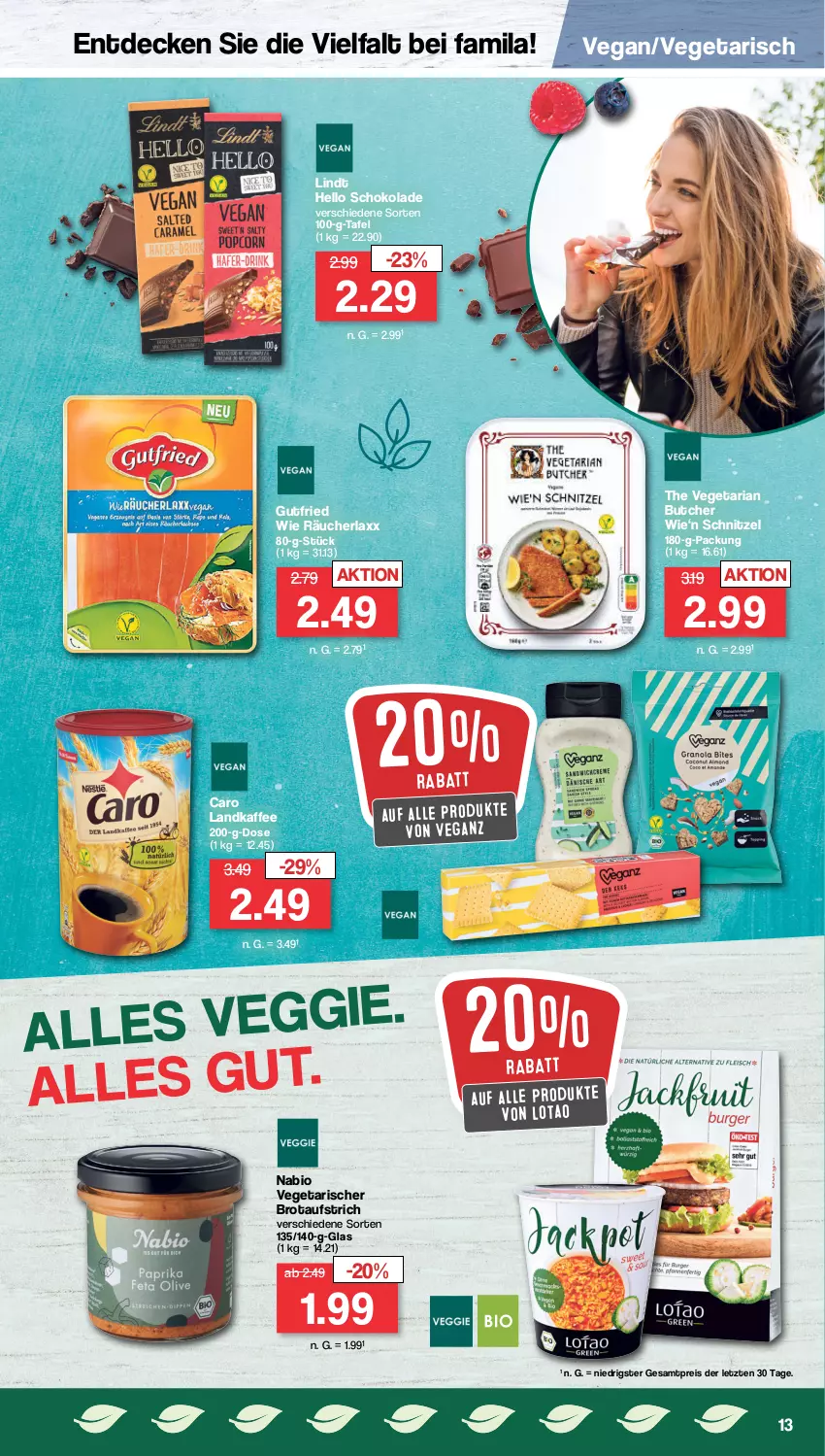 Aktueller Prospekt Famila - Prospekte - von 02.01 bis 07.01.2023 - strona 13 - produkty: aufstrich, bio, brot, brotaufstrich, decke, eis, gutfried, kaffee, lindt, ndk, reis, Ria, schnitzel, schoko, schokolade, The Vegetarian Butcher, Ti, Vegeta, ZTE