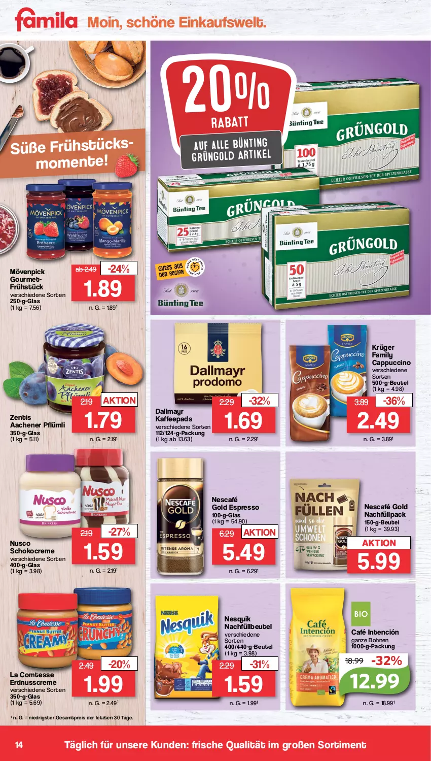 Aktueller Prospekt Famila - Prospekte - von 02.01 bis 07.01.2023 - strona 14 - produkty: beutel, bohne, bohnen, Cap, cappuccino, cin, comtess, creme, dallmayr, eis, ente, erdnuss, espresso, kaffee, kaffeepads, krüger, mövenpick, Nescafé, nescafé gold, nesquik, nuss, reis, schoko, Ti, zentis, ZTE