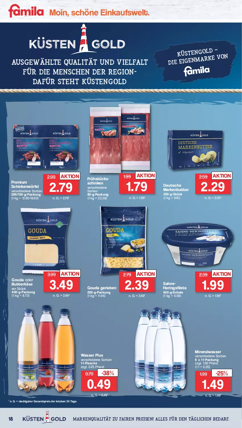 Aktueller Prospekt Famila - Prospekte - von 02.01 bis 07.01.2023 - strona 18 - produkty: Alwa, butter, butterkäse, eis, filet, filets, flasche, gouda, hering, Herings, heringsfilets, Käse, küstengold, markenbutter, mineralwasser, reis, ring, sahne, Schal, Schale, schinken, Ti, wasser, würfel, ZTE