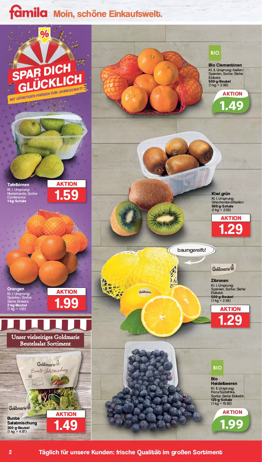 Aktueller Prospekt Famila - Prospekte - von 02.01 bis 07.01.2023 - strona 2 - produkty: Bau, beere, beeren, beutel, bio, Birnen, clementinen, eis, goldmarie, heidelbeere, heidelbeeren, kiwi, orange, orangen, reis, salat, Schal, Schale, tafelbirnen, Ti, zitrone, zitronen