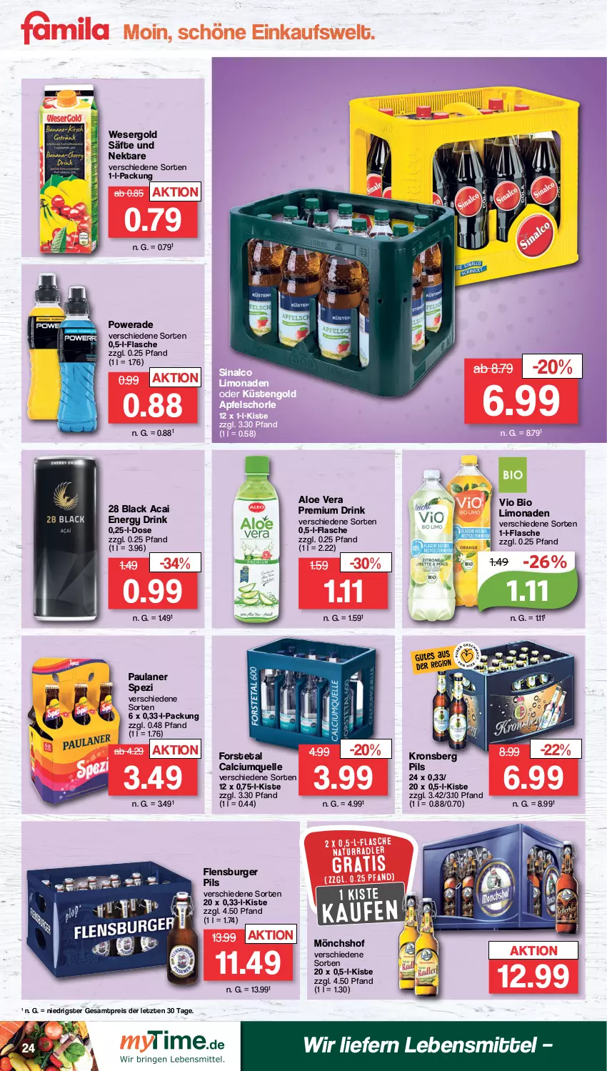 Aktueller Prospekt Famila - Prospekte - von 02.01 bis 07.01.2023 - strona 24 - produkty: aloe vera, apfel, Apfelschorle, bio, bio limo, burger, Calcium, drink, eis, elle, energy drink, flasche, flensburger, Forstetal, küstengold, lack, lebensmittel, limo, limonade, limonaden, mönchshof, natur, Nektar, Paula, paulaner, pils, reis, säfte, schorle, sinalco, Spezi, Ti, vio bio limo, ZTE