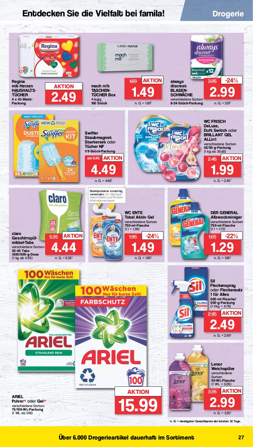 Aktueller Prospekt Famila - Prospekte - von 02.01 bis 07.01.2023 - strona 27 - produkty: aktiv gel, allzweckreiniger, Alwa, Always, ariel, auer, bio, biozidprodukte, decke, Discreet, eis, ente, flasche, geschirr, gin, lenor, lenor weichspüler, mac, Rauch, reiniger, reis, rwe, salz, staubmagnet, swiffer, Tasche, taschen, Ti, tücher, wc ente, wc frisch, weck, weichspüler, ZTE