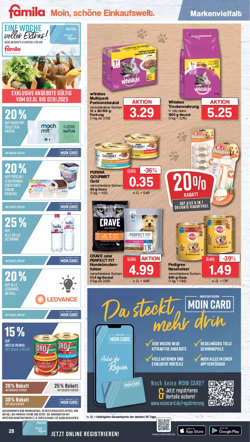 Aktueller Prospekt Famila - Prospekte - von 02.01 bis 07.01.2023 - strona 28 - produkty: angebot, angebote, beutel, creme, eis, frischli, getränk, getränke, gewinnspiel, gourmet gold, hella, leckermäulchen, mac, nassfutter, oro di parma, papier, pedigree, Perfect Fit, portionsbeutel, purina, reis, Spiele, Tchibo, Ti, toilettenpapier, trockenfutter, Trockennahrung, whiskas, ZTE