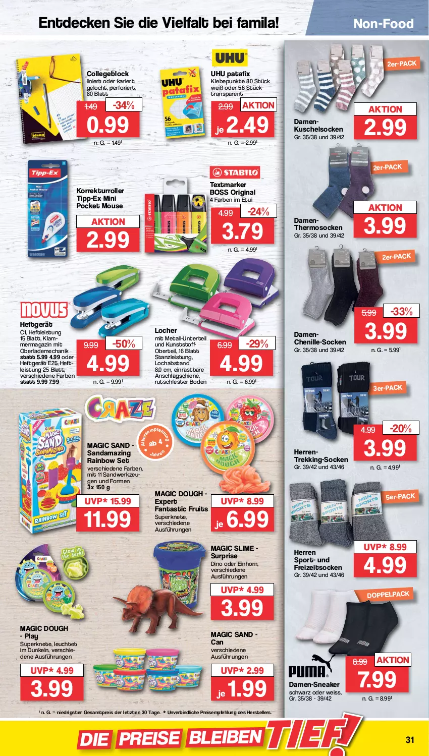 Aktueller Prospekt Famila - Prospekte - von 02.01 bis 07.01.2023 - strona 31 - produkty: asti, boss, collegeblock, damen-sneaker, decke, eis, elle, fanta, Freizeitsocken, gin, Kuschelsocken, lamm, Leuchte, magazin, reis, Roller, Slime, sneaker, socken, Sport, teller, textmarker, Ti, uhu, werkzeug, werkzeuge, ZTE