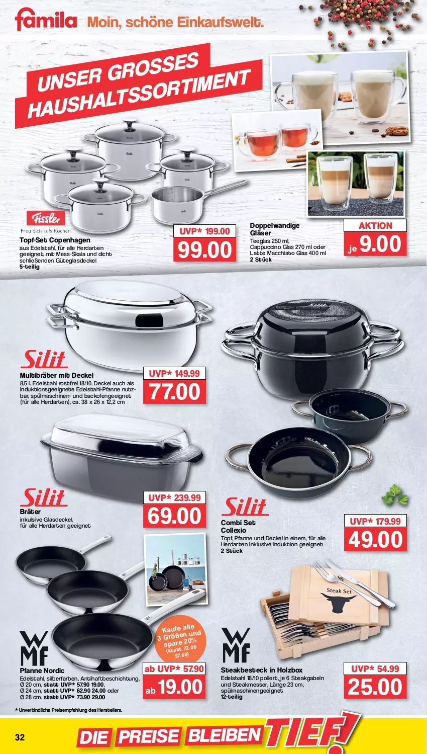 Aktueller Prospekt Famila - Prospekte - von 02.01 bis 07.01.2023 - strona 32 - produkty: ACC, backofen, besteck, Cap, cappuccino, chia, cin, decke, Deckel, edelstahl, Edelstahl-Pfanne, eis, elle, gabel, Glasdeckel, Gläser, herdarten, Holz, latte, latte macchiato, mac, macchiato, messer, Multibräter, Ofen, pfanne, reis, spülmaschinen, steak, steakbesteck, tee, Teeglas, teller, Ti, topf, topf-set