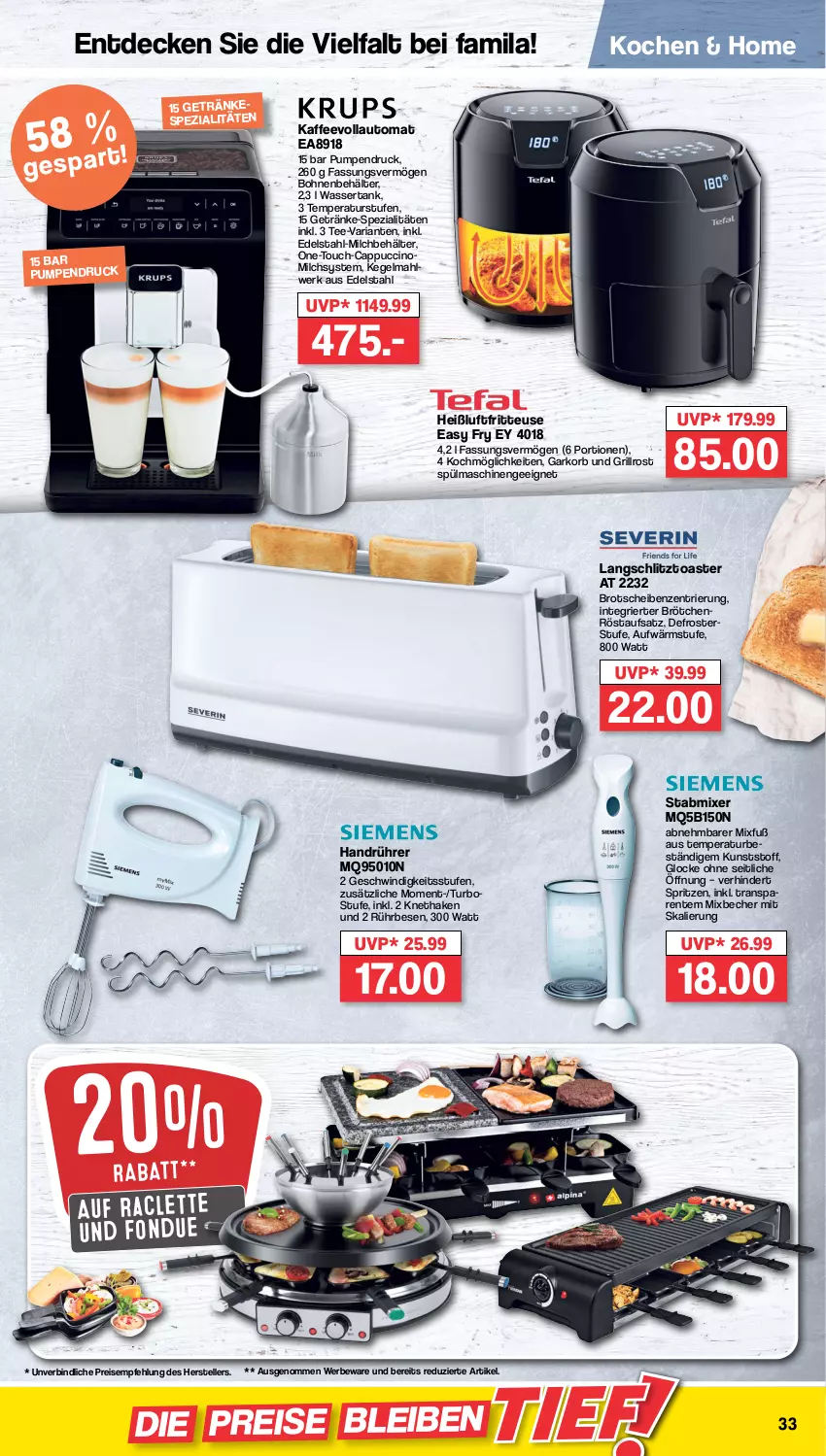 Aktueller Prospekt Famila - Prospekte - von 02.01 bis 07.01.2023 - strona 33 - produkty: auto, Becher, Behälter, bohne, bohnen, brot, brötchen, Cap, cappuccino, cin, decke, edelstahl, eis, elle, ente, Fondue, fritteuse, getränk, getränke, grill, grillrost, Heißluftfritteuse, kaffee, kaffeevollautomat, korb, milch, Mixer, reis, Ria, Spezi, spülmaschinen, stabmixer, tee, teller, Ti, toast, toaster, wasser, wassertank