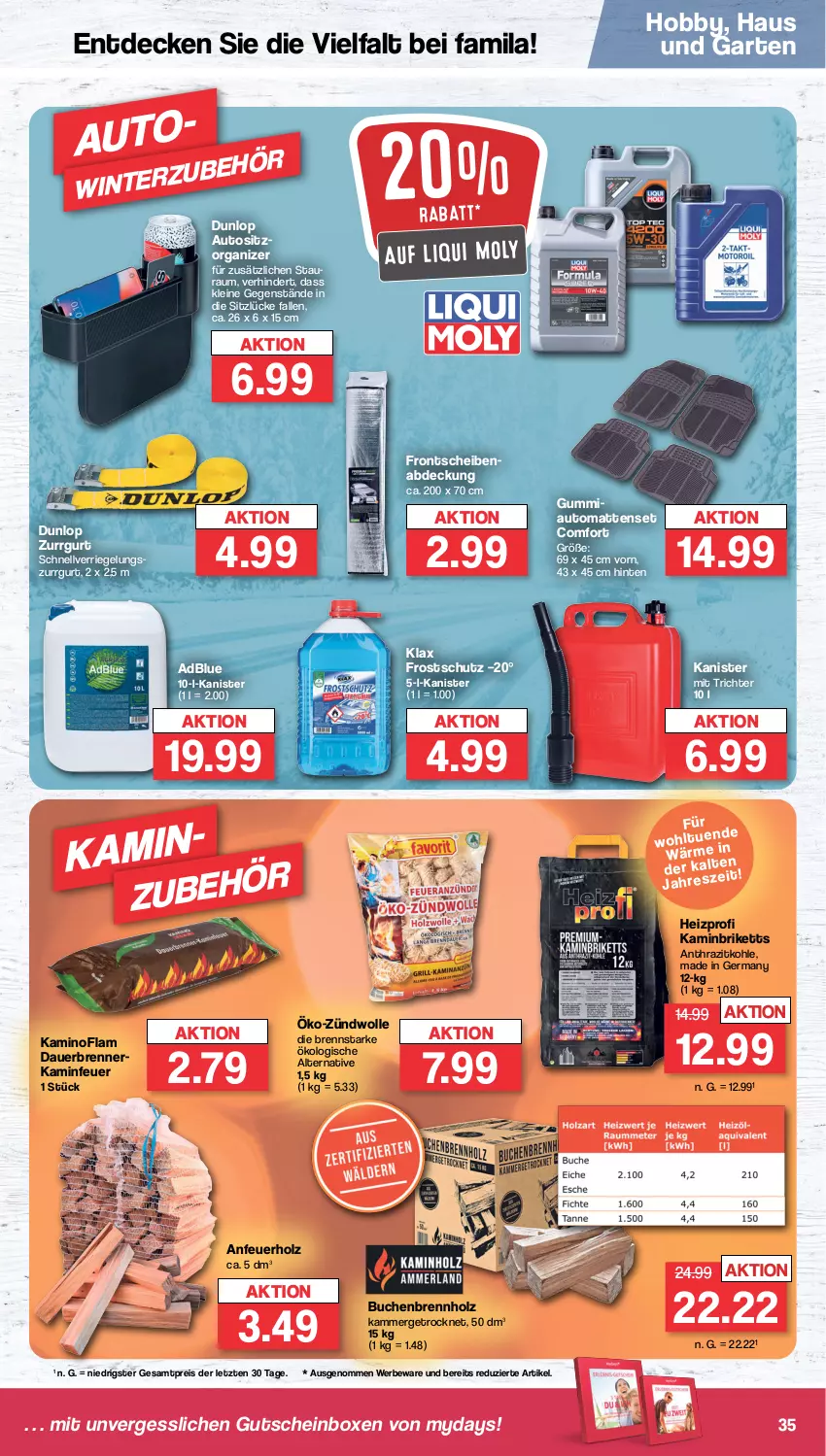 Aktueller Prospekt Famila - Prospekte - von 02.01 bis 07.01.2023 - strona 35 - produkty: adblue, Anfeuerholz, auer, auto, Brennholz, briketts, buch, decke, dunlop, eis, Garten, Germ, gutschein, Hobby, Holz, Kamin, leine, mydays, reis, riegel, Ti, wolle, ZTE