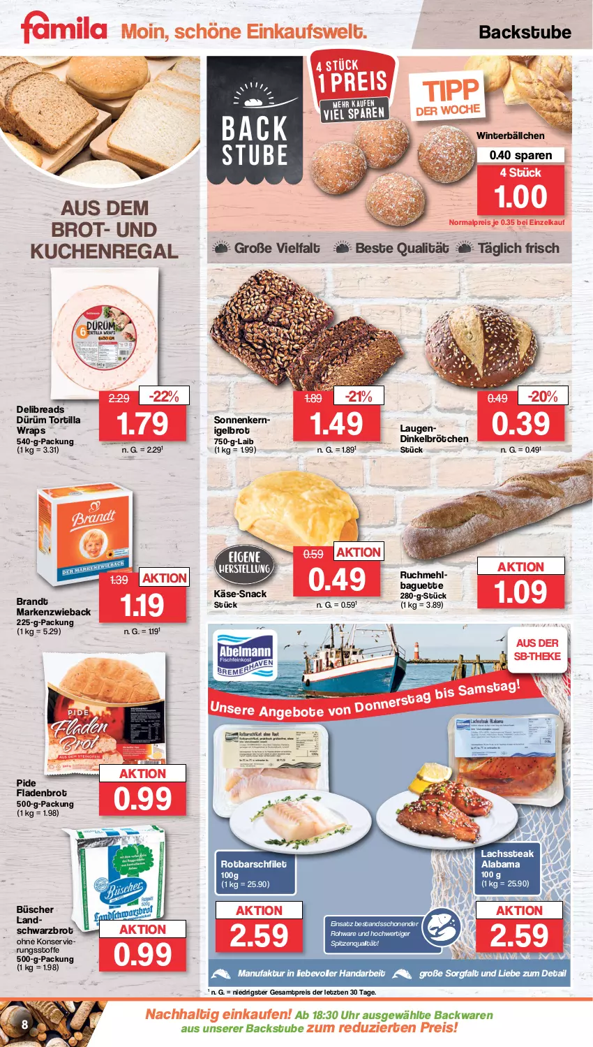 Aktueller Prospekt Famila - Prospekte - von 02.01 bis 07.01.2023 - strona 8 - produkty: backwaren, baguette, brandt, brot, brötchen, dinkelbrötchen, eis, Faktu, filet, Fladenbrot, Käse, kuchen, lachs, Markenzwieback, mehl, regal, reis, Rotbarsch, rotbarschfilet, Schwarzbrot, snack, spitzenqualität, steak, stube, Ti, tortilla, uhr, wrap, wraps, ZTE