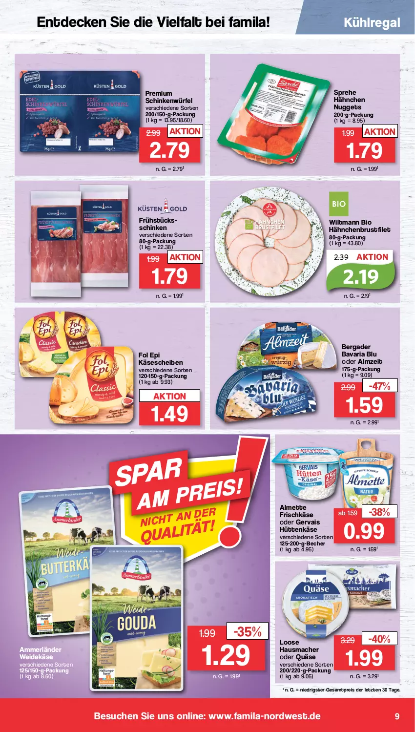 Aktueller Prospekt Famila - Prospekte - von 02.01 bis 07.01.2023 - strona 9 - produkty: almette, ammerländer, bavaria blu, Becher, bergader, bio, brustfilet, decke, eis, filet, fol epi, frischkäse, gervais, hähnchenbrust, hähnchenbrustfilet, Hausmacher, Käse, käsescheiben, kühlregal, Loose, mac, merl, Mett, nuggets, quäse, regal, reis, Ria, schinken, Ti, wiltmann, würfel, ZTE