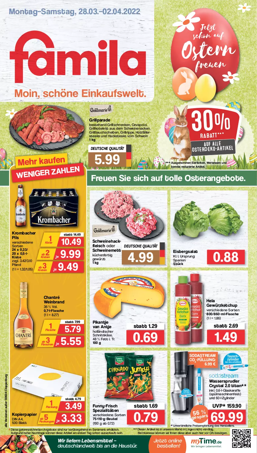 Aktueller Prospekt Famila - Prospekte - von 28.03 bis 02.04.2022 - strona 1 - produkty: angebot, angebote, aust, Bau, bauchscheiben, beutel, cevapcici, chantré, din a4, eier, eis, eisbergsalat, elle, erde, flasche, fleisch, funny-frisch, gewürz, gewürzketchup, glaskaraffe, grill, Grillbauch, grillkotelett, grillrippe, hackfleisch, Hela, holländischer schnittkäse, Holz, holzfällersteaks, Karaffe, Käse, ketchup, kopierpapier, kotelett, krombache, krombacher, krombacher pils, küche, Küchen, lebensmittel, Mett, papier, pils, reis, salat, schnittkäse, schwein, schweine, Schweinehackfleisch, schweinemett, schweinenacken, Soda, sodastream, Spezi, spülmaschinen, steak, steaks, tee, teller, Ti, wasser, wassersprudler, wein, weinbrand, weine