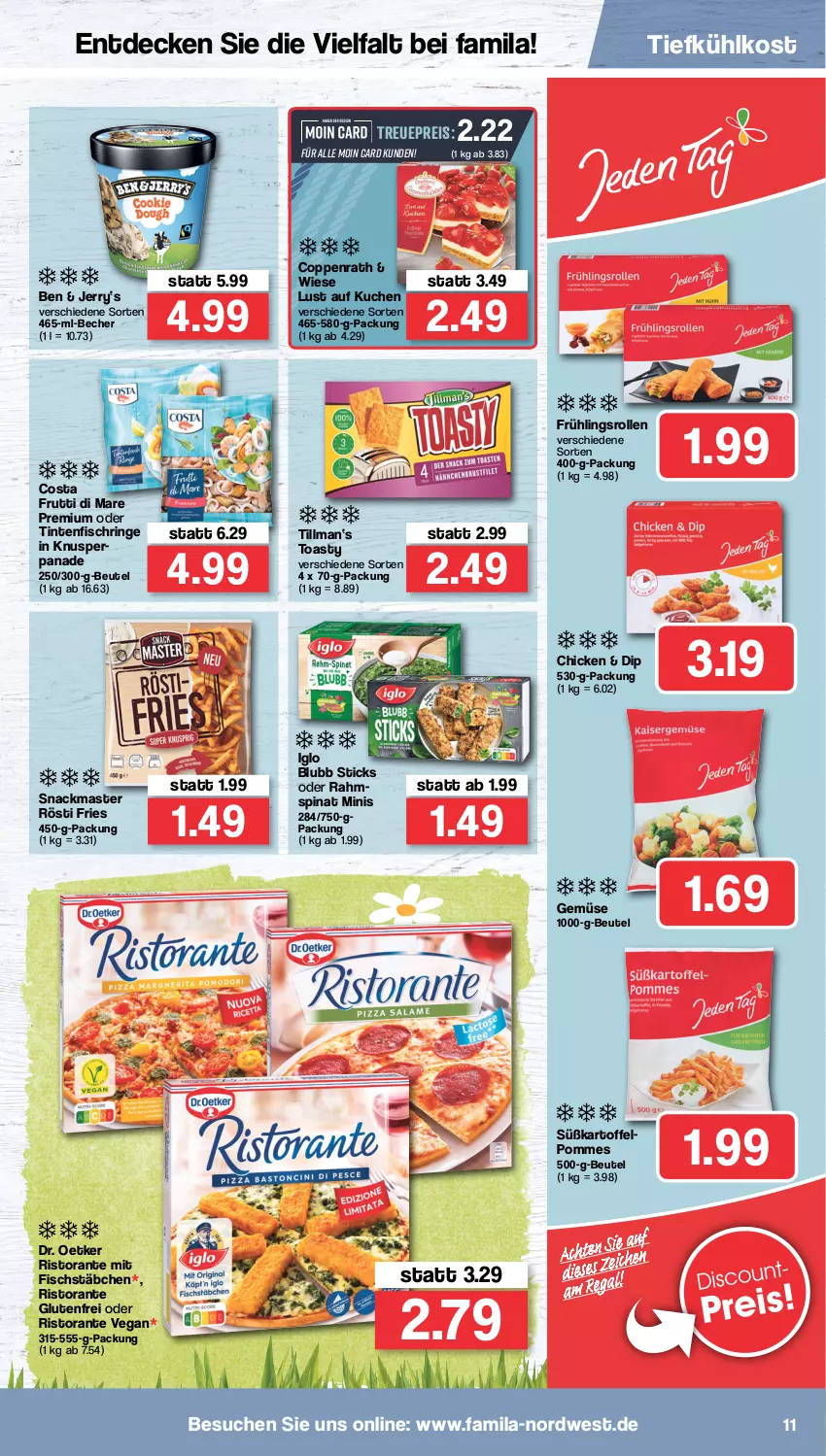 Aktueller Prospekt Famila - Prospekte - von 28.03 bis 02.04.2022 - strona 11 - produkty: Becher, beutel, coppenrath, decke, dip, Dr. Oetker, eis, fisch, fischstäbchen, frutti di mare, iglo, kartoffel, kuchen, Lust auf Kuchen, pommes, reis, ring, ristorante, snack, spinat, Ti, tiefkühlkost, Tintenfischringe, toast, toasty