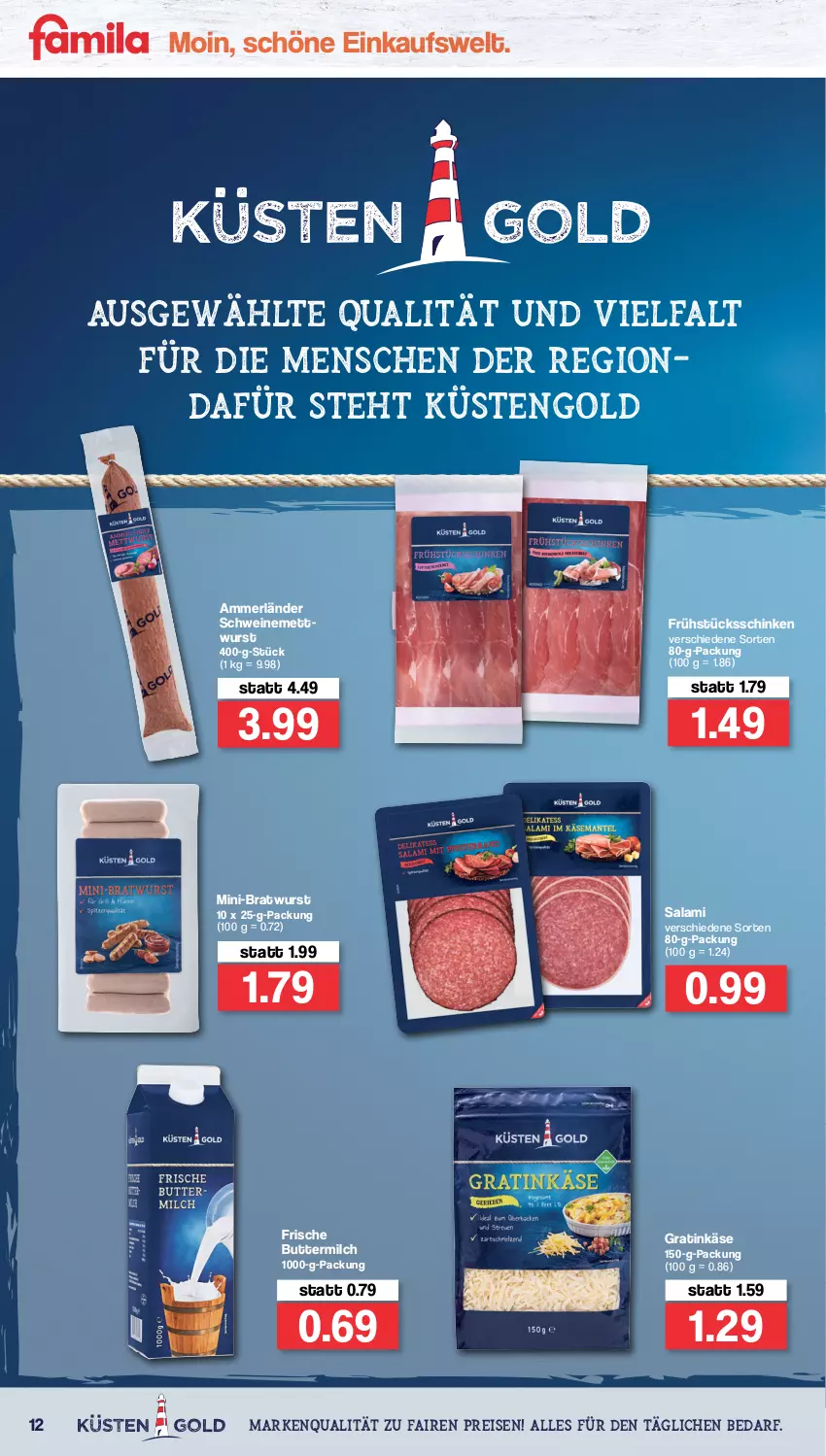 Aktueller Prospekt Famila - Prospekte - von 28.03 bis 02.04.2022 - strona 12 - produkty: ammerländer, bratwurst, butter, buttermilch, eis, Käse, küstengold, merl, Mett, mettwurst, milch, reis, salami, schinken, schwein, schweine, schweinemett, Ti, wein, weine, wurst