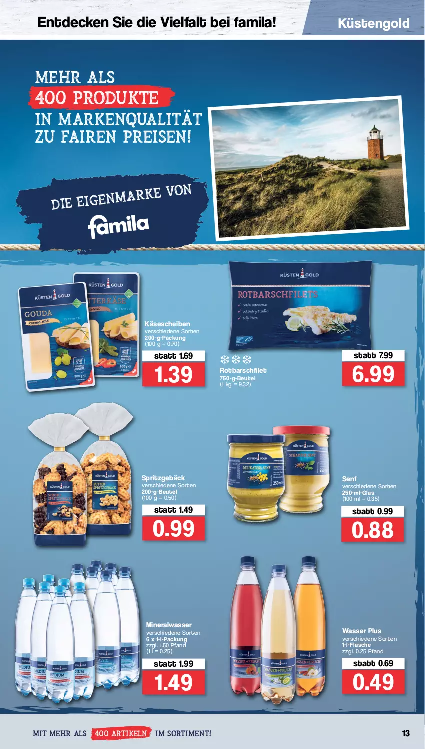 Aktueller Prospekt Famila - Prospekte - von 28.03 bis 02.04.2022 - strona 13 - produkty: Alwa, beutel, decke, eis, filet, flasche, Käse, käsescheiben, küstengold, mineralwasser, reis, Rotbarsch, rotbarschfilet, senf, Spritzgebäck, Ti, wasser