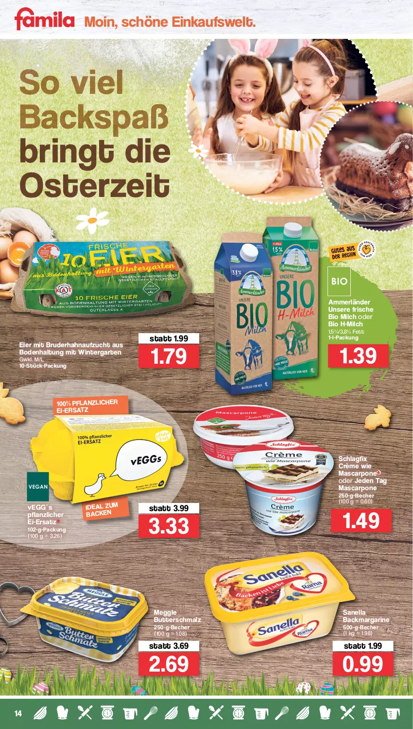 Aktueller Prospekt Famila - Prospekte - von 28.03 bis 02.04.2022 - strona 14 - produkty: ammerländer, Becher, bio, butter, Butterschmalz, eier, Garten, malz, margarine, mascarpone, meggle, merl, milch, ring, Schmalz