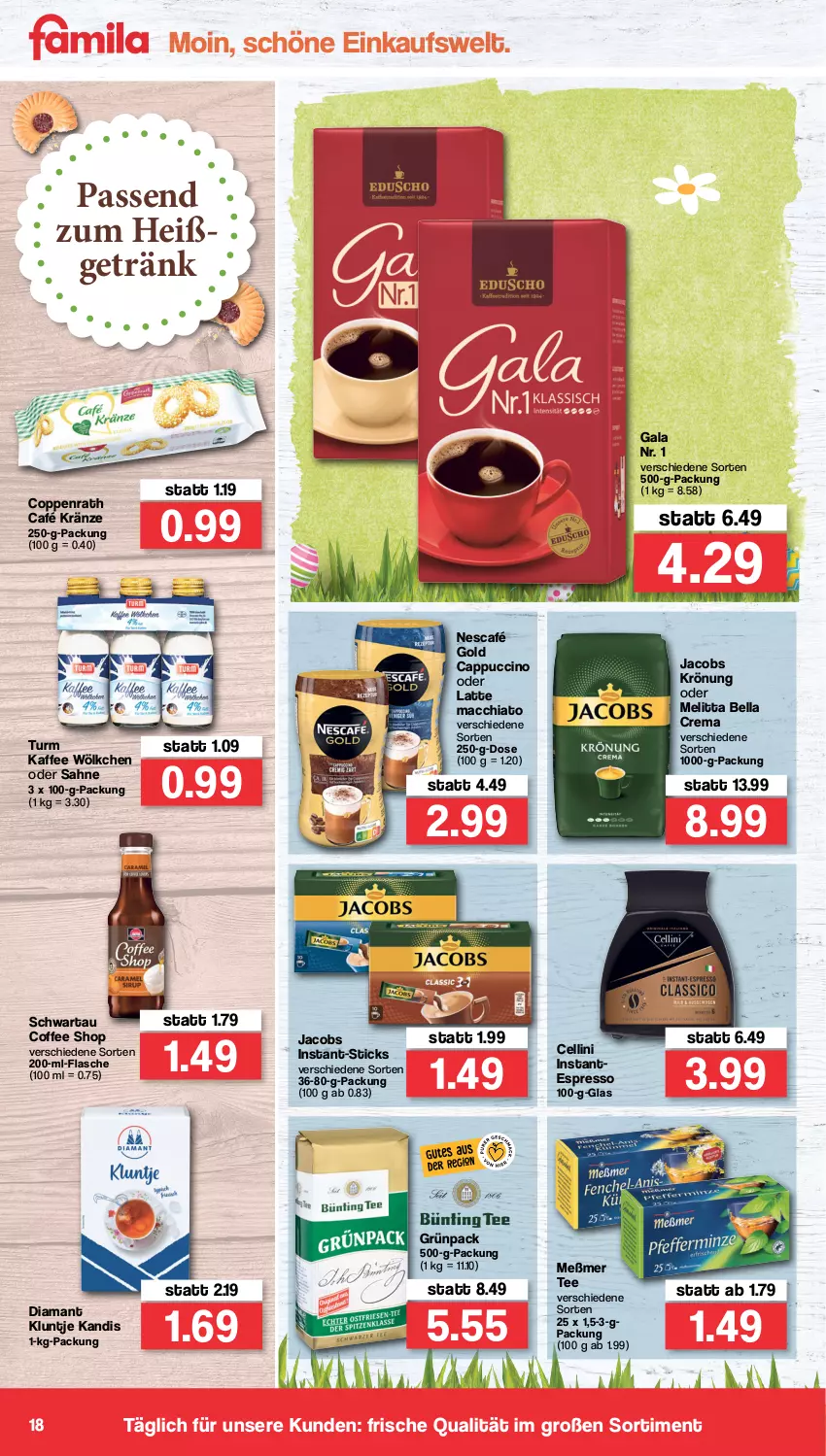 Aktueller Prospekt Famila - Prospekte - von 28.03 bis 02.04.2022 - strona 18 - produkty: ACC, bella crema, Cap, cappuccino, chia, cin, coppenrath, espresso, flasche, getränk, jacobs, jacobs krönung, kaffee, latte, latte macchiato, mac, macchiato, melitta, Meßmer, Nescafé, nescafé gold, sahne, Schwartau, tee, Ti