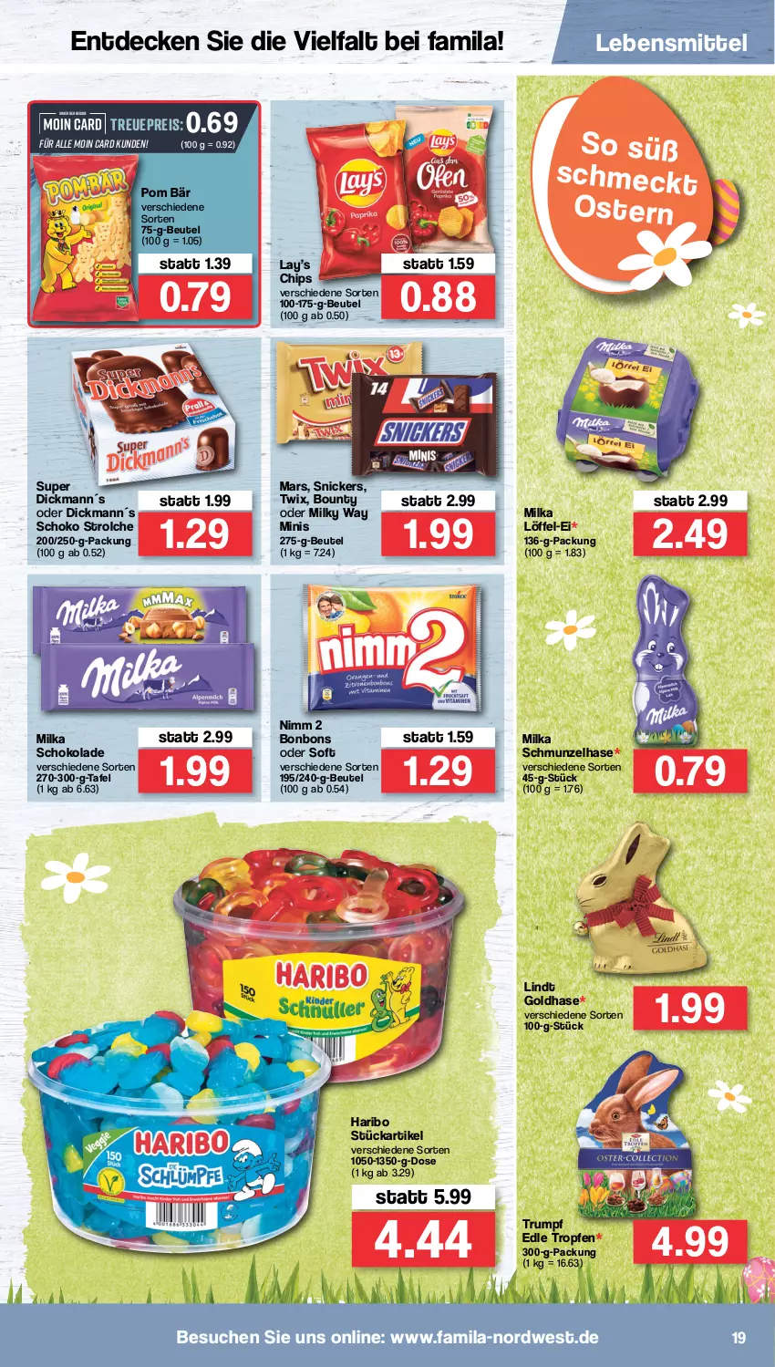 Aktueller Prospekt Famila - Prospekte - von 28.03 bis 02.04.2022 - strona 19 - produkty: beutel, bonbons, bounty, chips, decke, eis, haribo, lebensmittel, lindt, Löffel, mars, milka, milka schokolade, milky way, Nimm 2, reis, rum, schoko, schokolade, snickers, Ti, twix