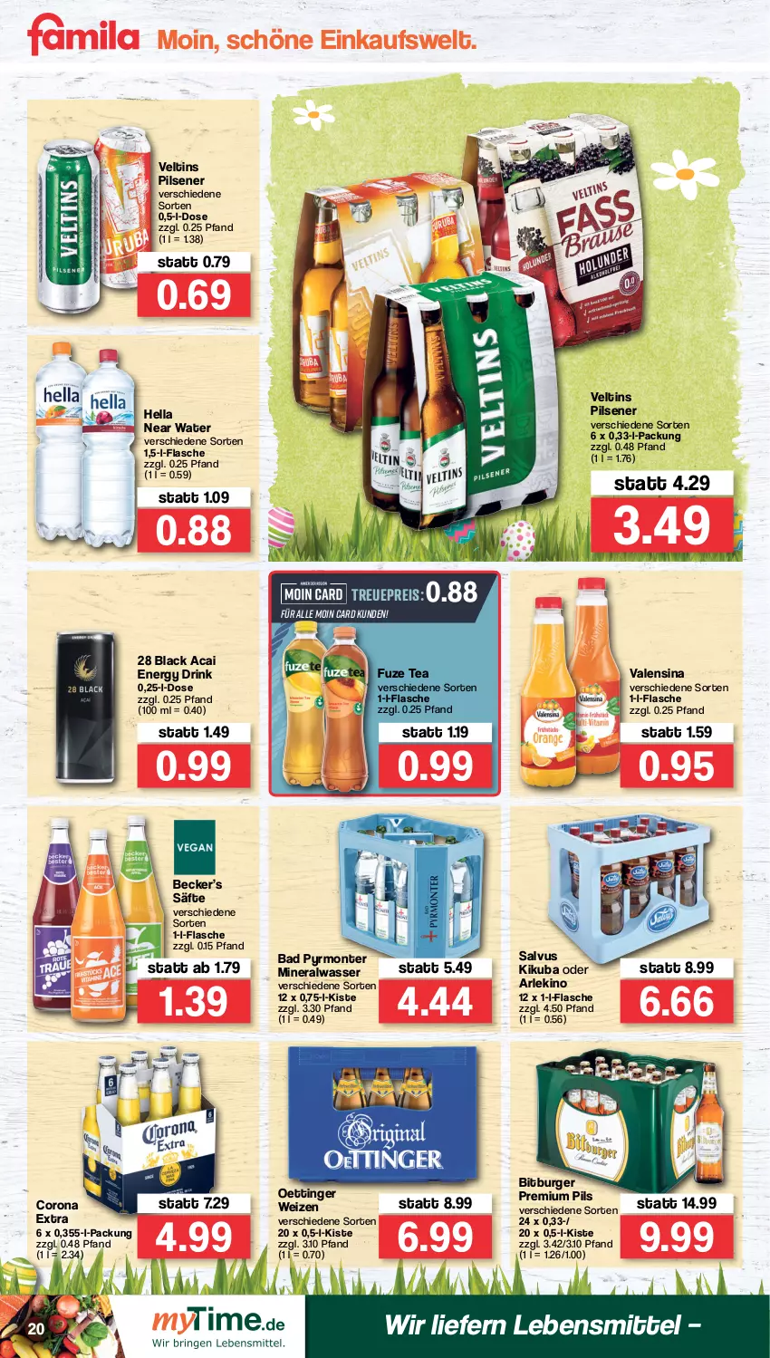 Aktueller Prospekt Famila - Prospekte - von 28.03 bis 02.04.2022 - strona 20 - produkty: Alwa, Bad, bitburger, burger, corona, corona extra, drink, eis, energy drink, flasche, fuze tea, hella, lack, lebensmittel, mineralwasser, monte, oettinger, pils, pilsener, premium pils, reis, säfte, Ti, valensina, veltins, veltins pilsener, wasser