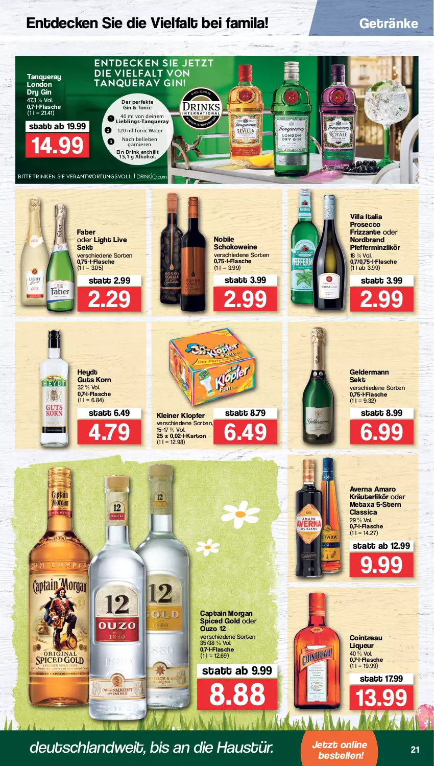 Aktueller Prospekt Famila - Prospekte - von 28.03 bis 02.04.2022 - strona 21 - produkty: alkohol, amaro, aust, averna, Cap, captain morgan, decke, drink, dry gin, ecco, elle, flasche, frizzante, garnier, geldermann, getränk, getränke, gin, kleiner klopfer, korn, kräuter, kräuterlikör, leine, likör, liqueur, london dry, london dry gin, Metaxa, nordbrand, ouzo, ouzo 12, pfeffer, pfefferminzlikör, prosecco, schoko, sekt, Tanqueray, tonic, tonic water, wein, weine