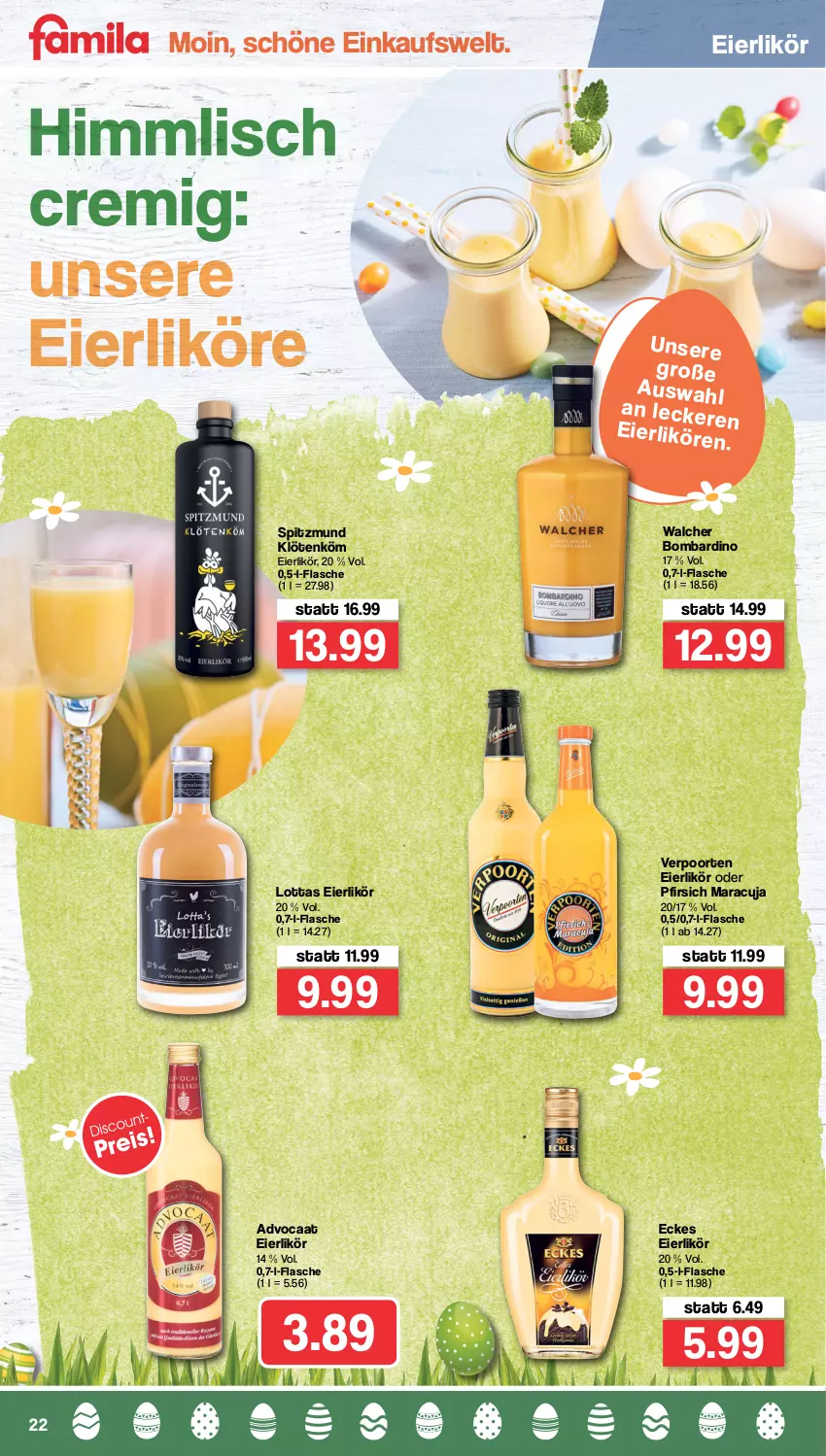 Aktueller Prospekt Famila - Prospekte - von 28.03 bis 02.04.2022 - strona 22 - produkty: discount, eier, eierlikör, eis, flasche, likör, maracuja, pfirsich, pfirsich maracuja, reis, Ti, verpoorten