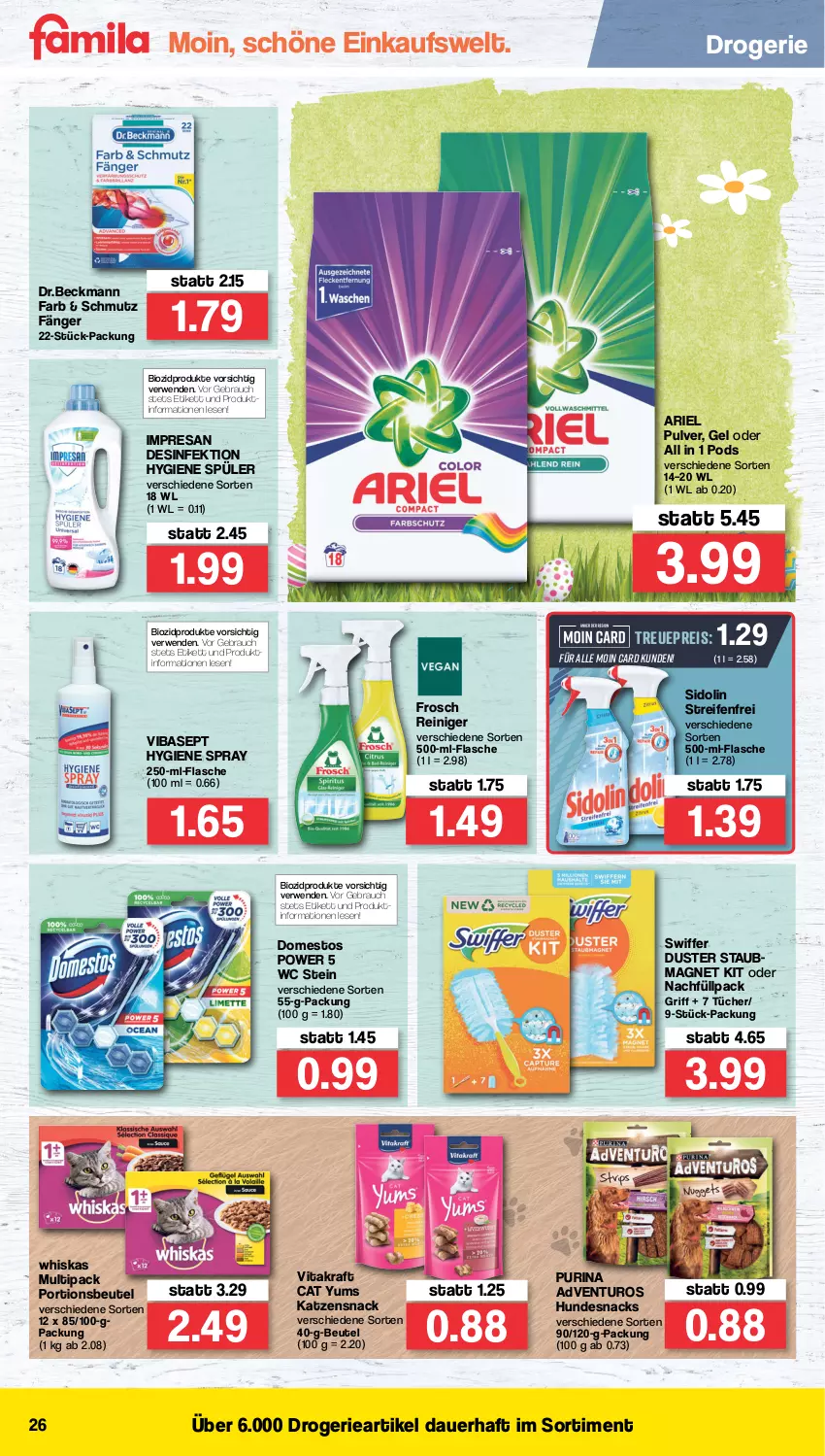 Aktueller Prospekt Famila - Prospekte - von 28.03 bis 02.04.2022 - strona 26 - produkty: adventuros, ariel, auer, beutel, bio, biozidprodukte, Desinfektion, domestos, eis, flasche, Frosch, hundesnack, hundesnacks, katzensnack, kraft, Pods, portionsbeutel, purina, Rauch, reifen, reiniger, reis, resa, rwe, sidolin, snack, snacks, staubmagnet, swiffer, Ti, tücher, vita, vitakraft, whiskas