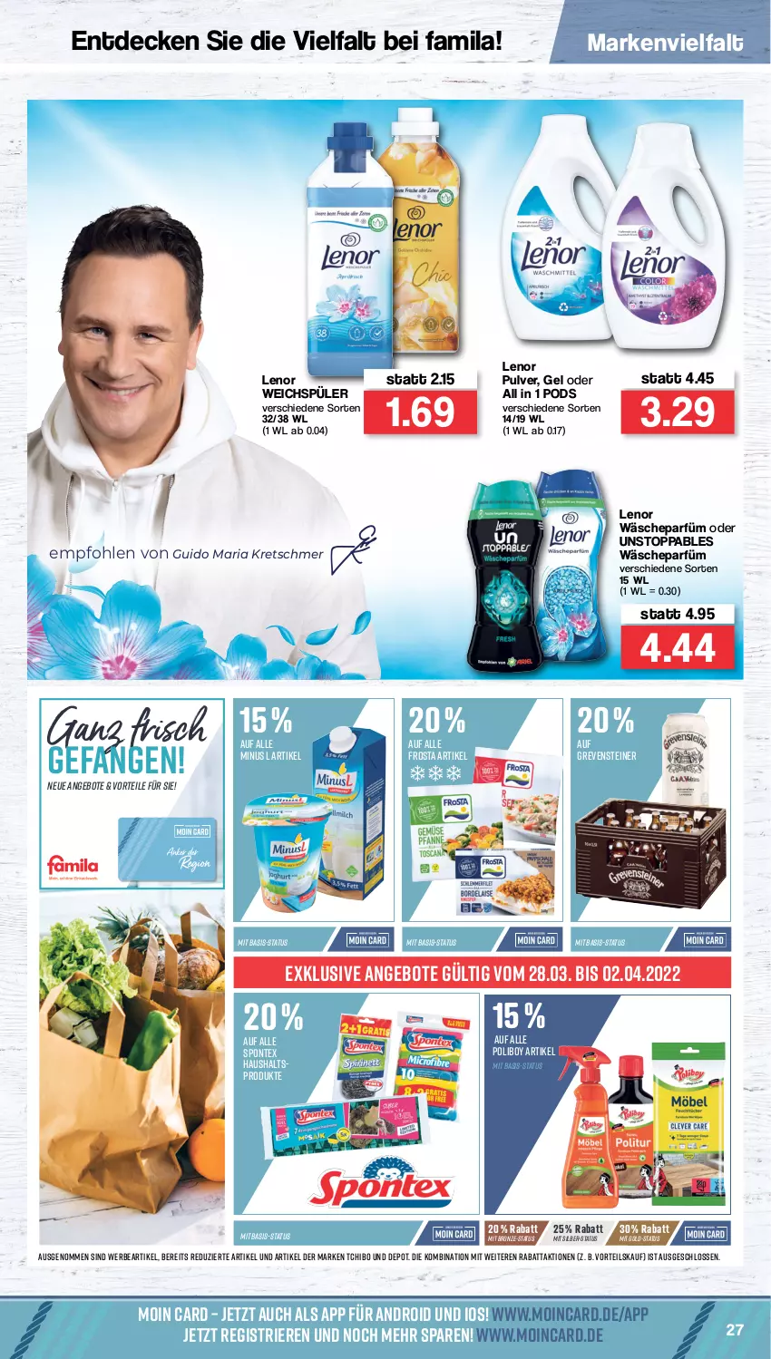 Aktueller Prospekt Famila - Prospekte - von 28.03 bis 02.04.2022 - strona 27 - produkty: angebot, angebote, decke, frosta, grevensteiner, lenor, lenor weichspüler, Pods, Ria, spontex, steiner, Tchibo, Ti, wäscheparfüm, weichspüler