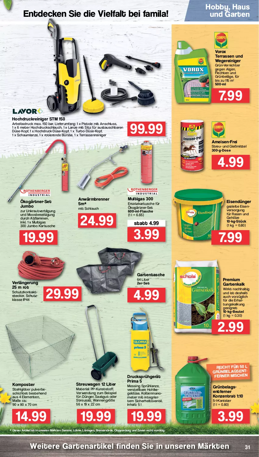 Aktueller Prospekt Famila - Prospekte - von 28.03 bis 02.04.2022 - strona 31 - produkty: aust, beutel, bürste, decke, dünger, eis, ente, flasche, Garten, Hobby, hochdruckreiniger, jumbo, Komposter, Kraut, lamm, LG, rasen, reiniger, Ria, rum, rwe, salz, schlauch, Tasche, Ti, Tiere, Wanne