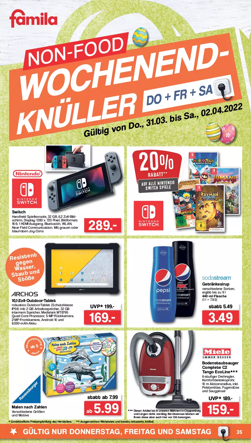 Aktueller Prospekt Famila - Prospekte - von 28.03 bis 02.04.2022 - strona 35 - produkty: akku, bodenstaubsauger, eis, elle, flasche, frontkamera, getränk, getränke, getränkesirup, HDMI, kamera, nintendo, Nintendo Switch, Pinsel, quad, quad-core-prozessor, reis, sirup, Spiele, Spielkonsole, staubsauger, tablet, Teleskop, teller, Ti