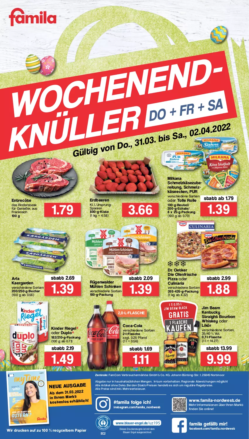 Aktueller Prospekt Famila - Prospekte - von 28.03 bis 02.04.2022 - strona 36 - produkty: arla, auer, Becher, beere, beeren, beutel, bourbon, bourbon whiskey, coca-cola, cola, culinaria, die ofenfrische, Dr. Oetker, drucker, duplo, eis, Engel, entrecôte, erdbeere, erdbeeren, flasche, Garten, Heu, jim beam, Käse, kentucky straight, kerze, Kinder, kinder riegel, küche, LG, likör, milka, milkana, mühlen schinken, Ofen, papier, pflanze, pflanzen, pizza, pril, Rauch, regal, reis, Ria, riegel, rind, rinder, Rindersteak, rügenwalder, rügenwalder mühle, rwe, Schal, Schale, schinken, Schmelzkäse, schmelzkäsezubereitung, steak, Ti, tuc, whiskey