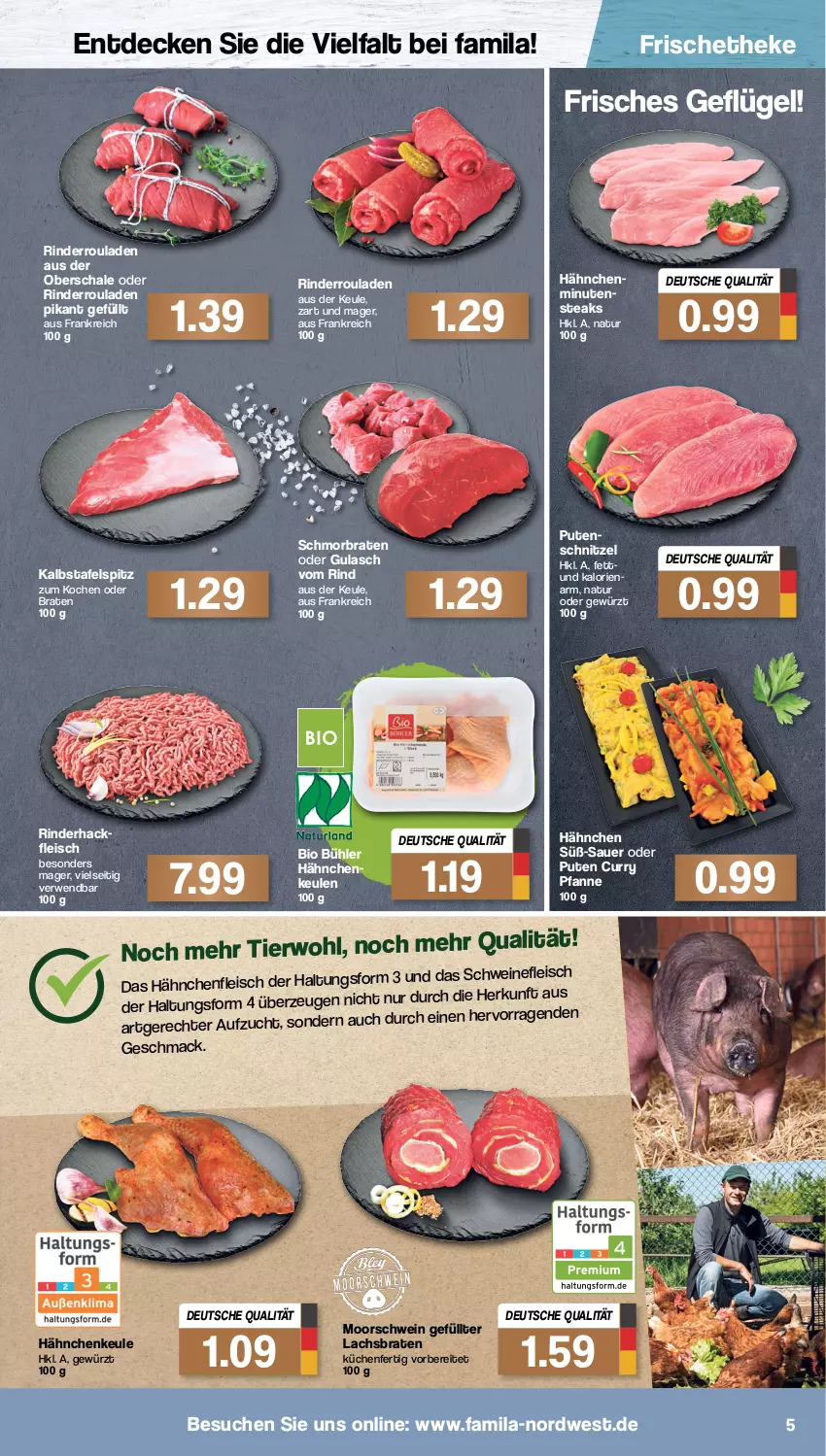 Aktueller Prospekt Famila - Prospekte - von 28.03 bis 02.04.2022 - strona 5 - produkty: auer, bio, braten, curry, decke, eis, fleisch, Geflügel, gewürz, gulasch, hackfleisch, Hähnchenfleisch, küche, Küchen, lachs, Lachsbraten, mac, minutensteaks, natur, pfanne, pute, putenschnitzel, rind, rinder, rinderhackfleisch, Rinderroulade, rinderrouladen, rouladen, rwe, Schal, Schale, schmorbraten, schnitzel, schwein, schweine, schweinefleisch, steak, steaks, tafelspitz, Ti, wein, weine