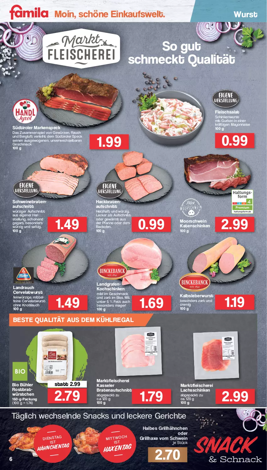 Aktueller Prospekt Famila - Prospekte - von 28.03 bis 02.04.2022 - strona 6 - produkty: aufschnitt, aus dem kühlregal, axe, backofen, bio, braten, bratenaufschnitt, eis, fleisch, Fleischerei, fleischsalat, gewürz, grill, grillhähnchen, grillhaxe, gurke, gurken, Haxe, Kalbsleber, Kalbsleberwurst, kasseler, katenschinken, knoblauch, kochschinken, kühlregal, lachs, lachsschinken, leberwurst, mac, mayonnaise, Ofen, pfanne, Rauch, regal, rwe, saft, salat, Schere, schinken, schinkenwurst, schwein, schweine, schweinebraten, snack, snacks, Speck, südtiroler, Ti, wein, weine, wurst, würstchen, Yo