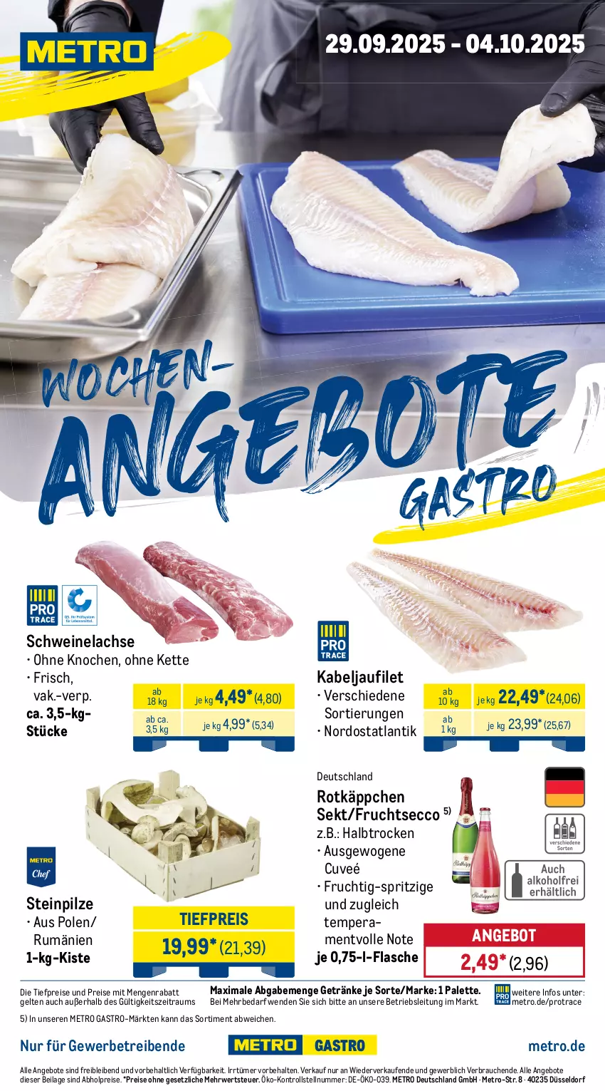 Aktueller Prospekt Metro - Wochen-Angebote Gastro - von 29.09 bis 04.10.2025 - strona 1 - produkty: abholpreise, angebot, angebote, ecco, eis, filet, flasche, frucht, fruchtsecco, getränk, getränke, ilag, kabeljaufilet, Kette, lachs, Metro, metro gastro, Palette, pilze, Rauch, reis, rotkäppchen, rum, rwe, schwein, schweine, Schweinelachs, sekt, Steinpilze, Ti, tiefpreis, wein, weine